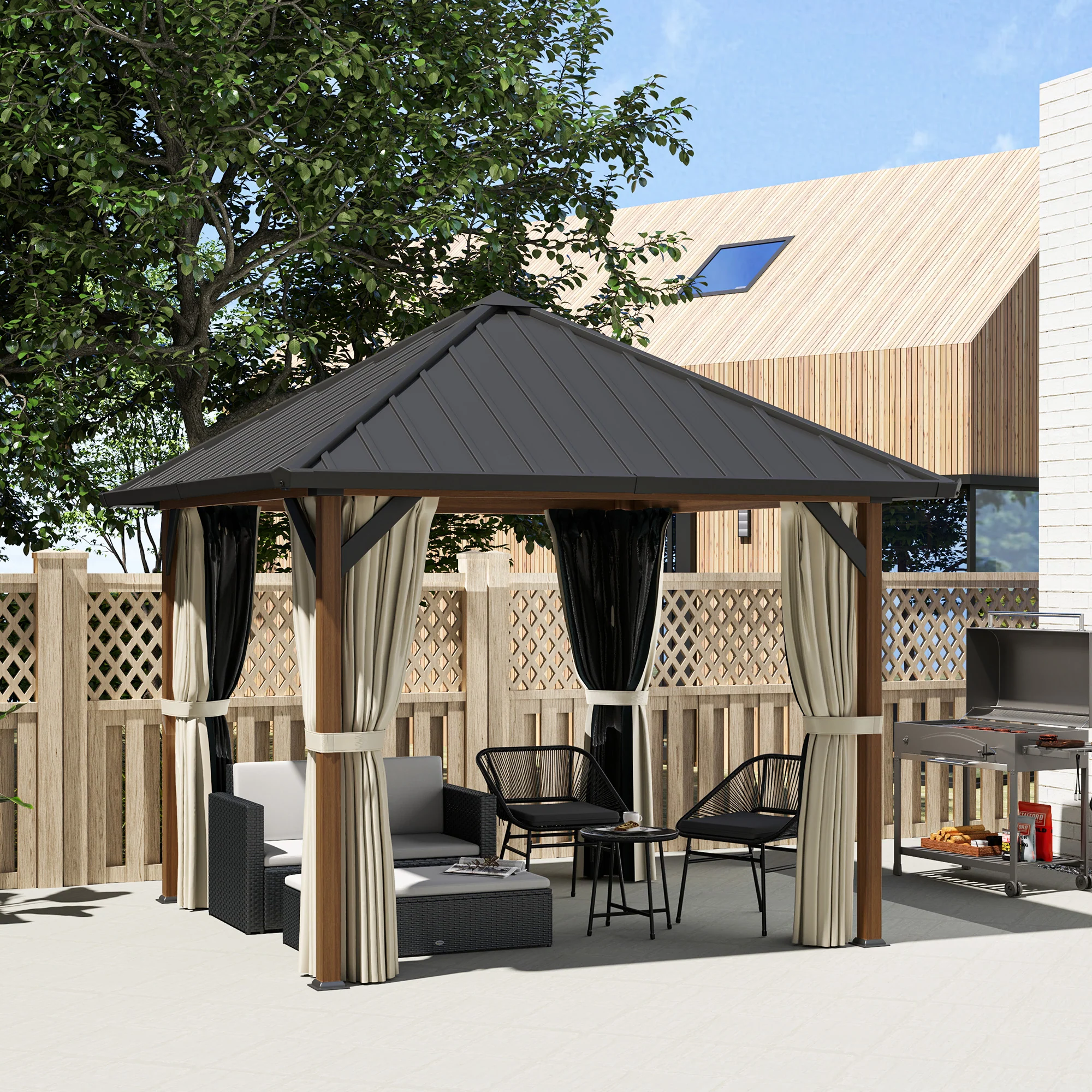 Outsunny 3 X 3(m) Metal Hardtop Gazebo With Netting And Curtains, Walnut - Image 2