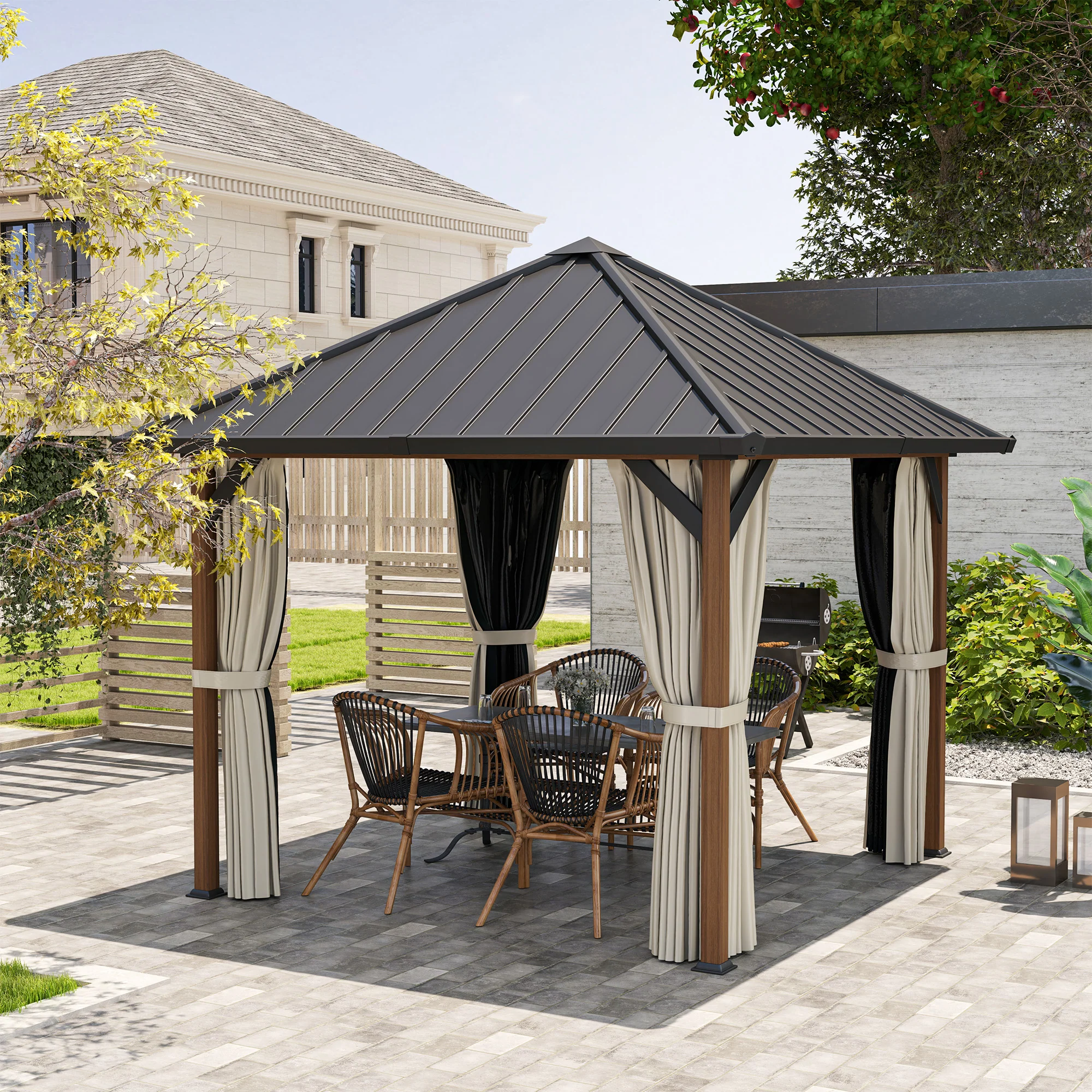Outsunny 3 X 3(m) Metal Hardtop Gazebo With Netting And Curtains, Walnut - Image 9