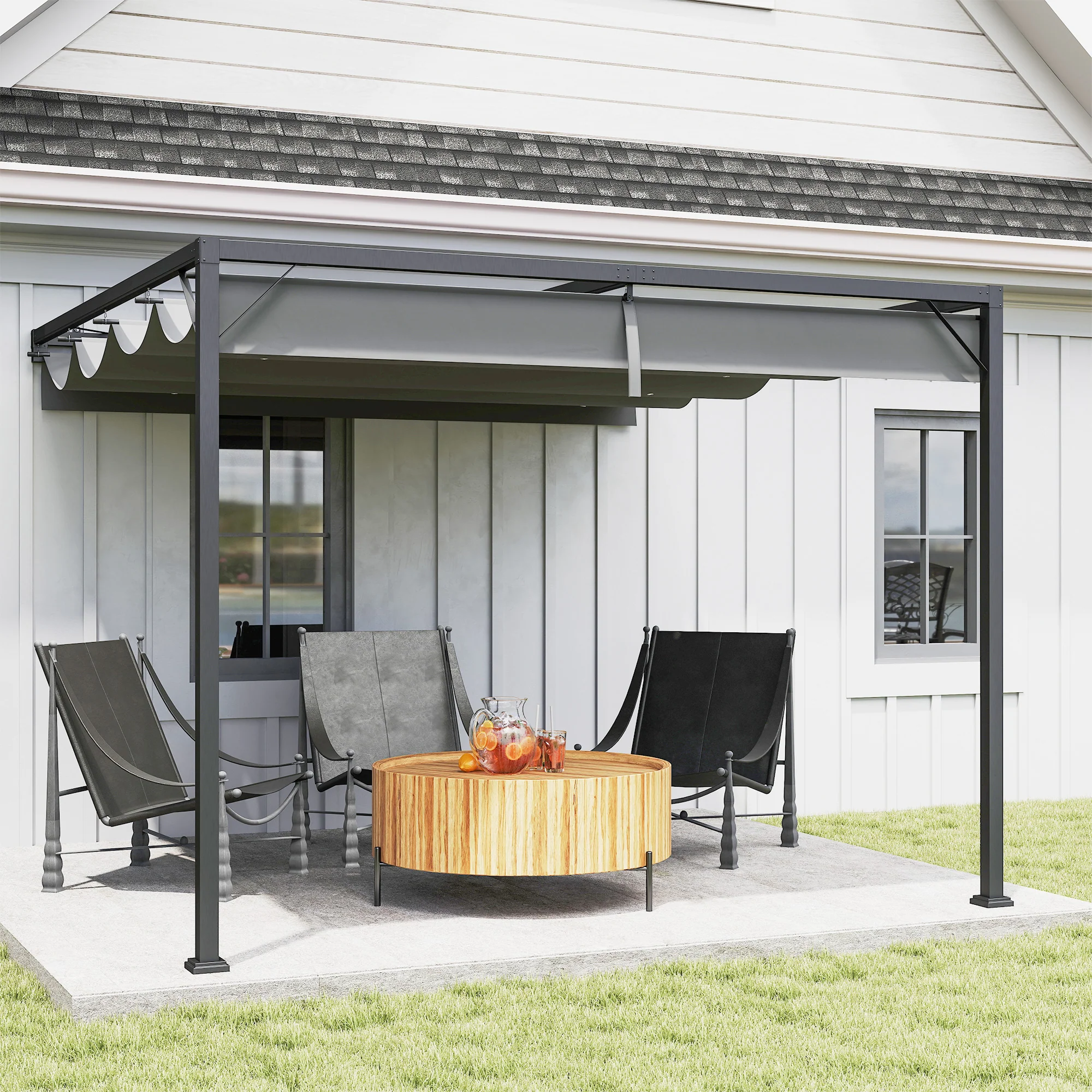 Outsunny 3 x 3(m) Outdoor Pergola Retractable Canopy Wall Mounted, Grey - Image 2