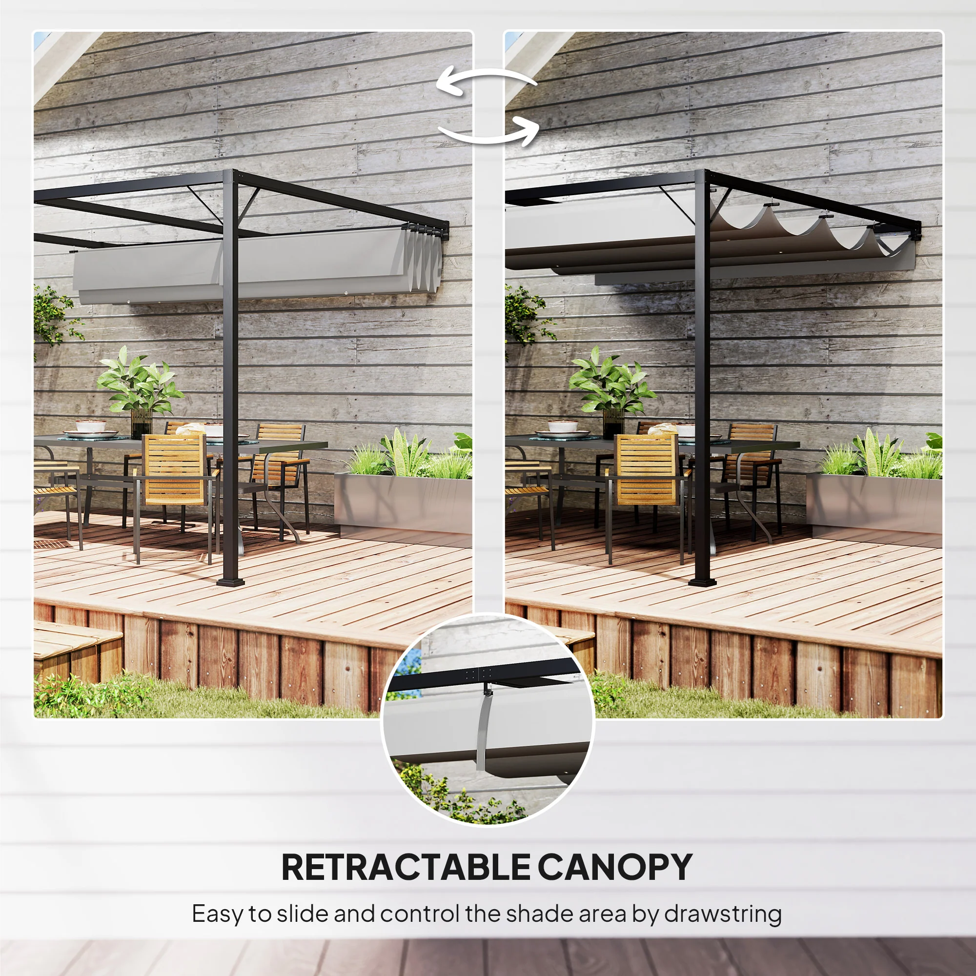 Outsunny 3 x 3(m) Outdoor Pergola Retractable Canopy Wall Mounted, Grey - Image 3