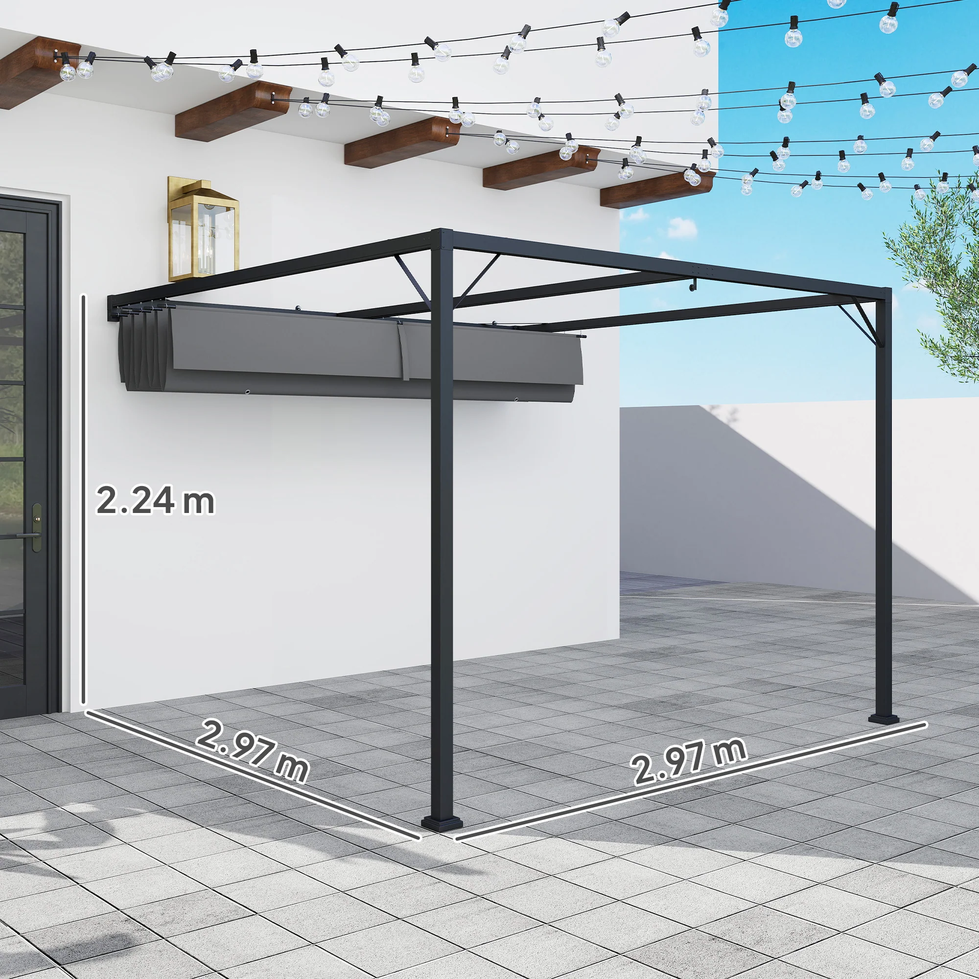 Outsunny 3 x 3(m) Outdoor Pergola Retractable Canopy Wall Mounted, Grey - Image 5