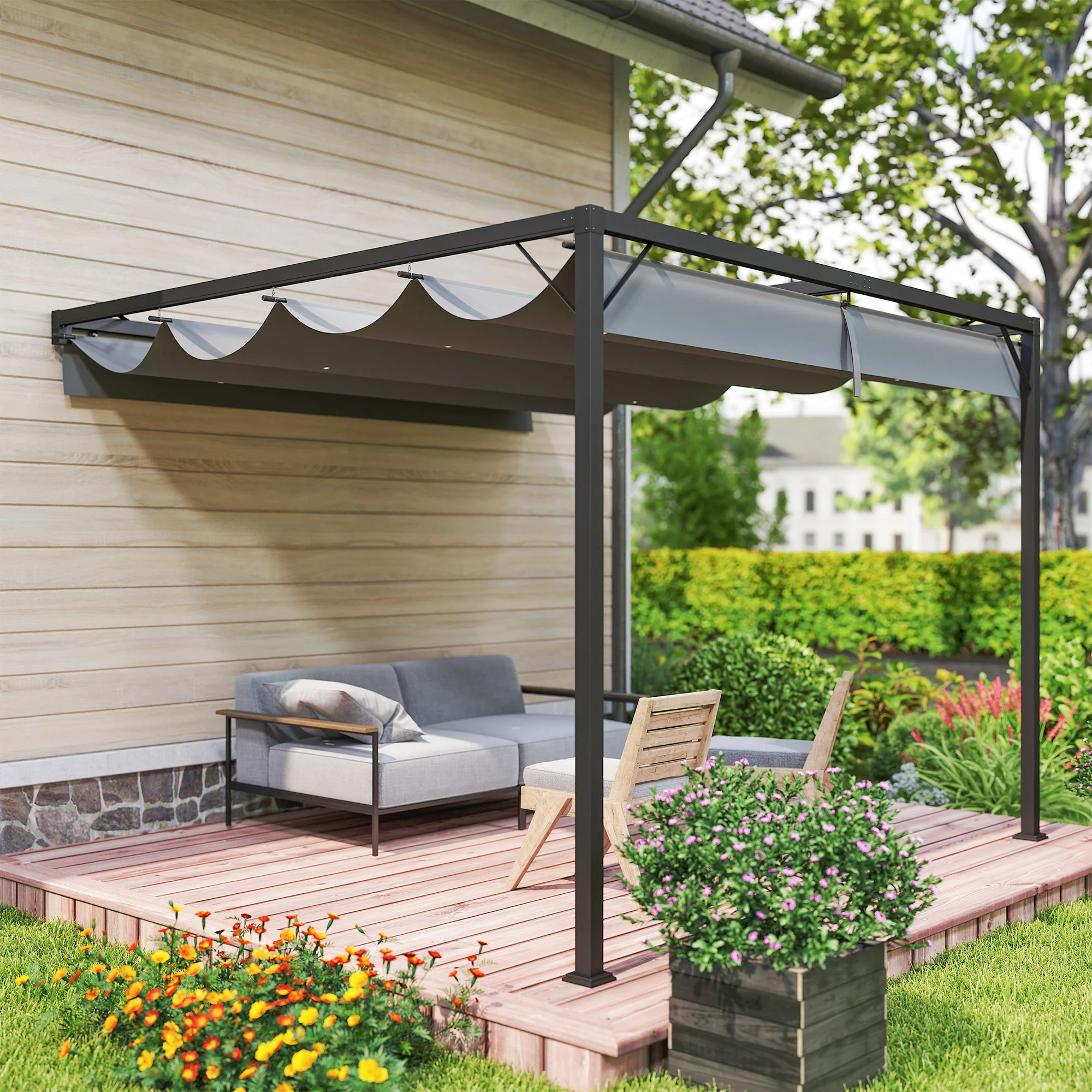 Outsunny 3 x 3(m) Outdoor Pergola Retractable Canopy Wall Mounted, Grey - Image 7