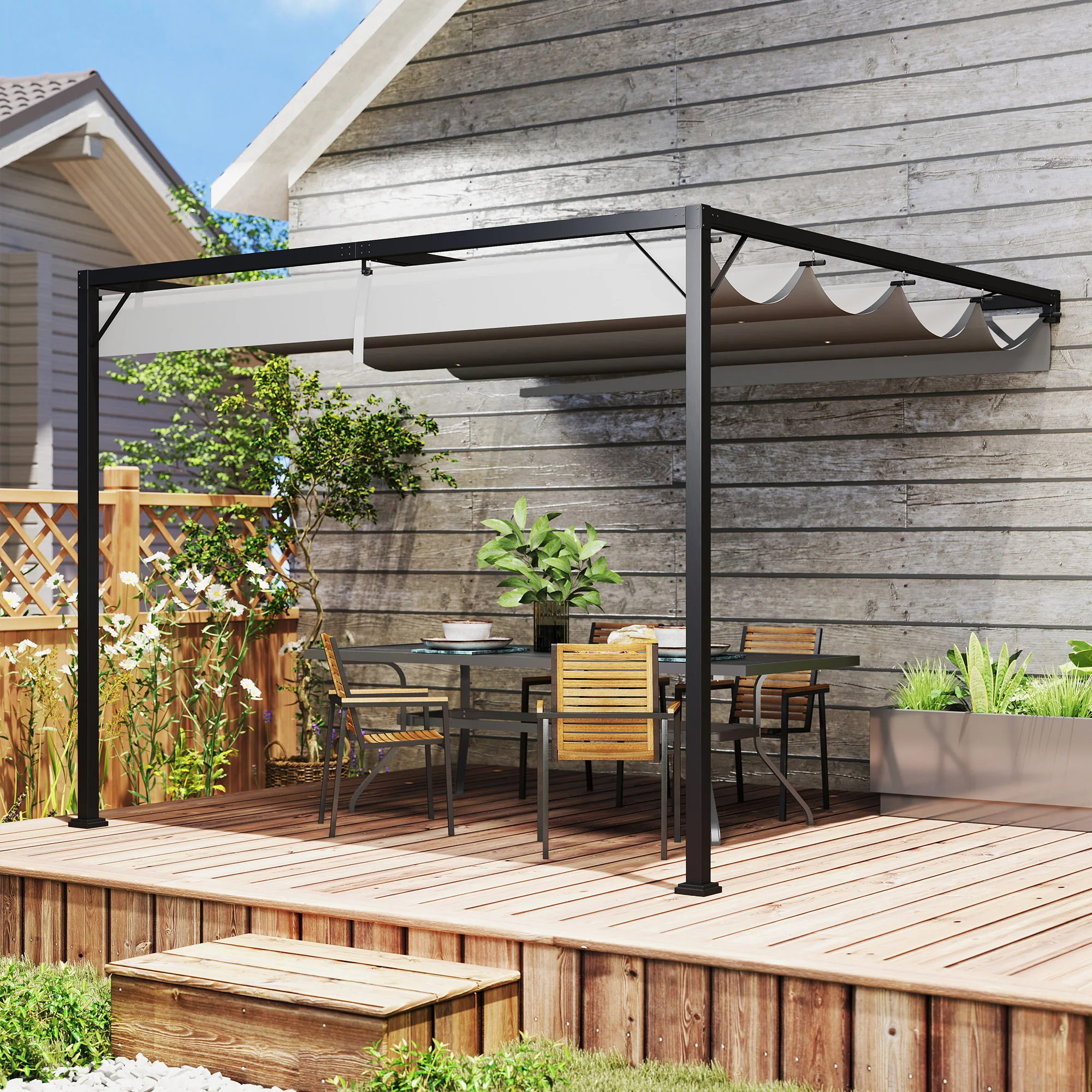 Outsunny 3 x 3(m) Outdoor Pergola Retractable Canopy Wall Mounted, Grey - Image 9
