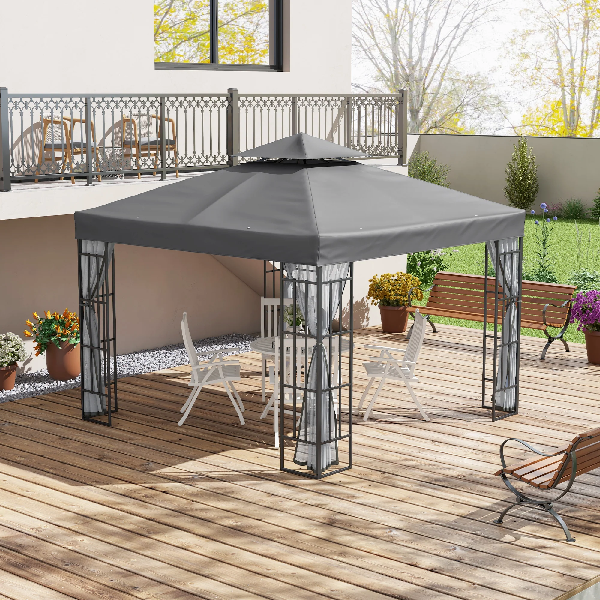 Outsunny 3 x 3(m) Patio Gazebo Canopy Garden Pavilion with 2 Tier Roof, Grey - Image 2
