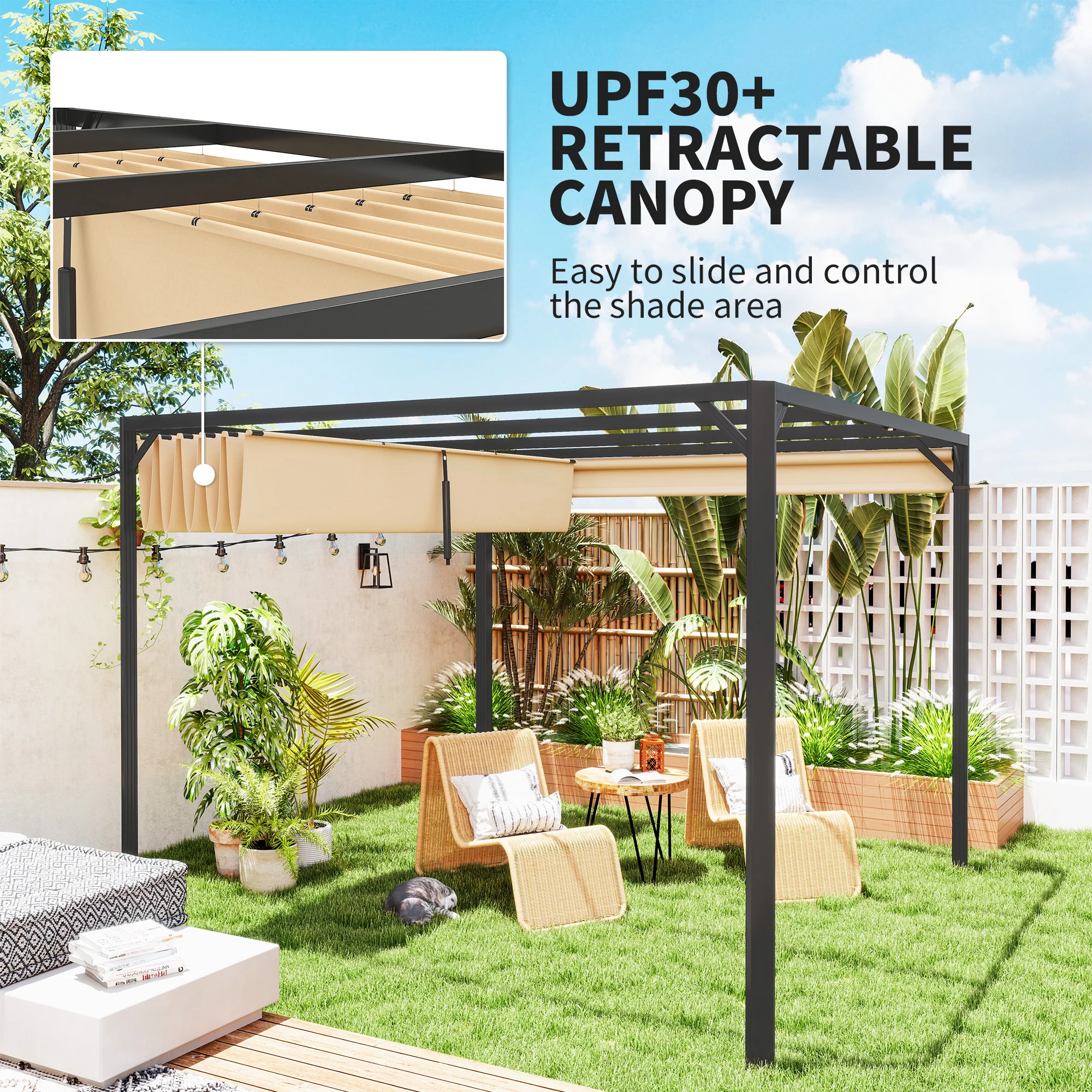 Outsunny 3 x 3(m) Pergola with Retractable Roof & Roller Shade - Image 12