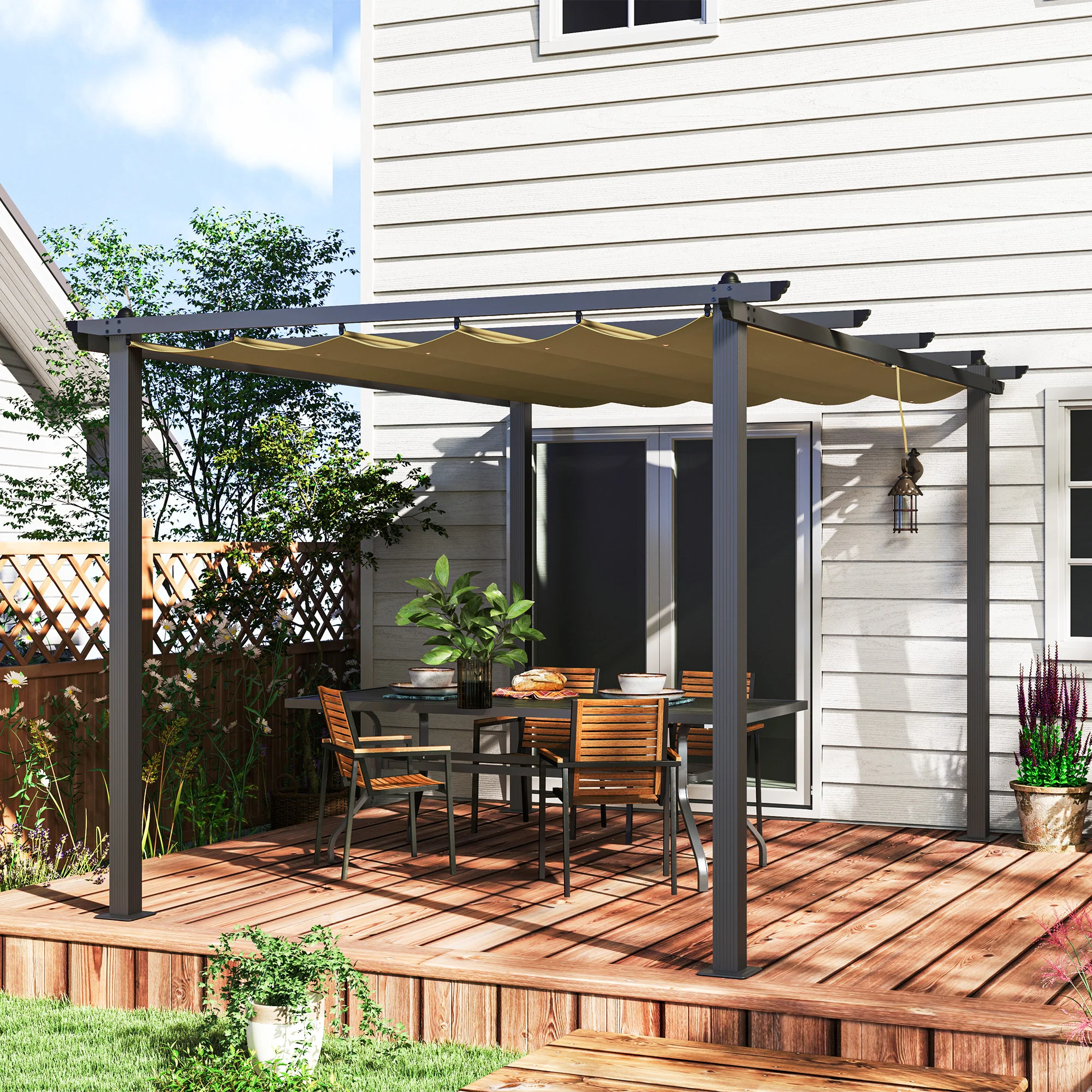 Outsunny 3 x 4m Aluminium Pergola with Retractable Roof, Garden Gazebo Khaki - Image 11