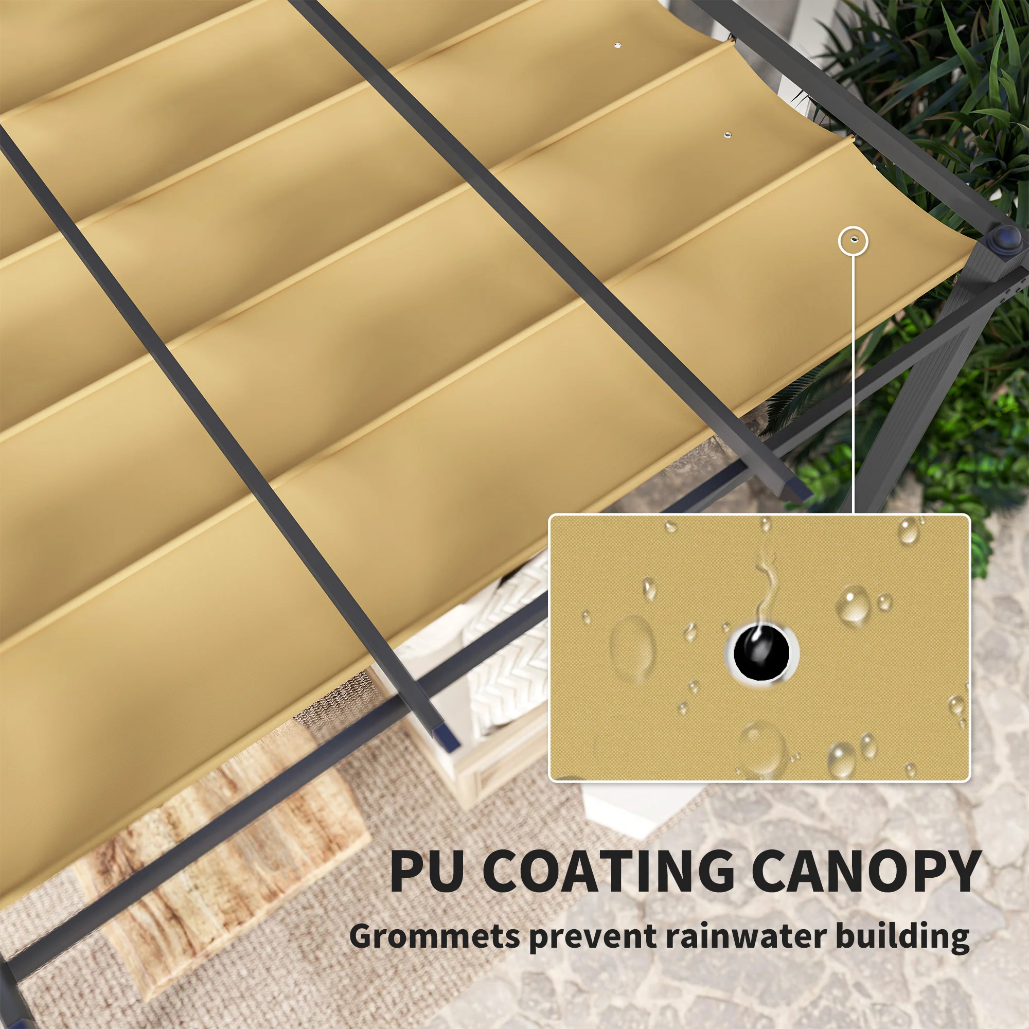 Outsunny 3 x 4m Aluminium Pergola with Retractable Roof, Garden Gazebo Khaki - Image 13