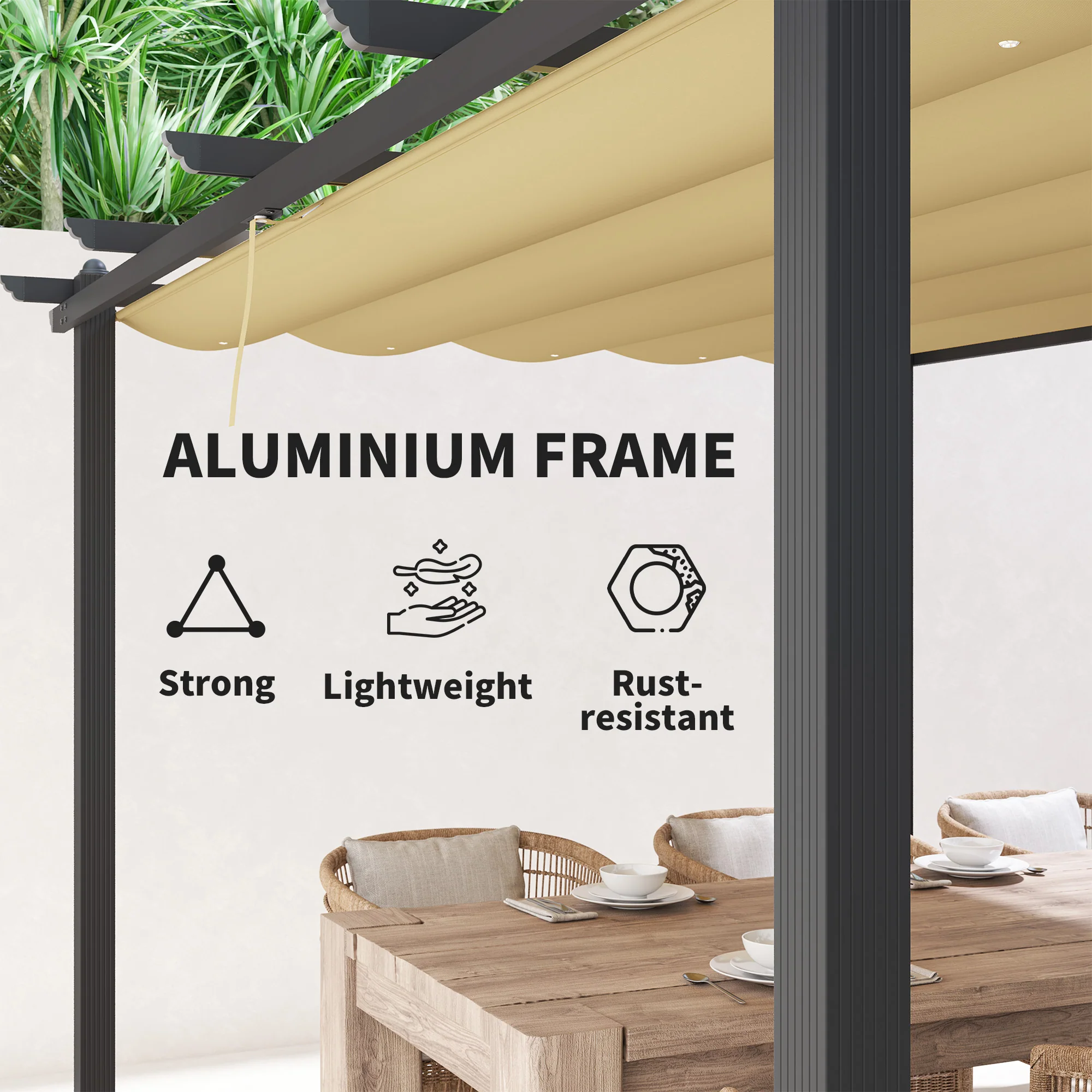 Outsunny 3 x 4m Aluminium Pergola with Retractable Roof, Garden Gazebo Khaki - Image 16