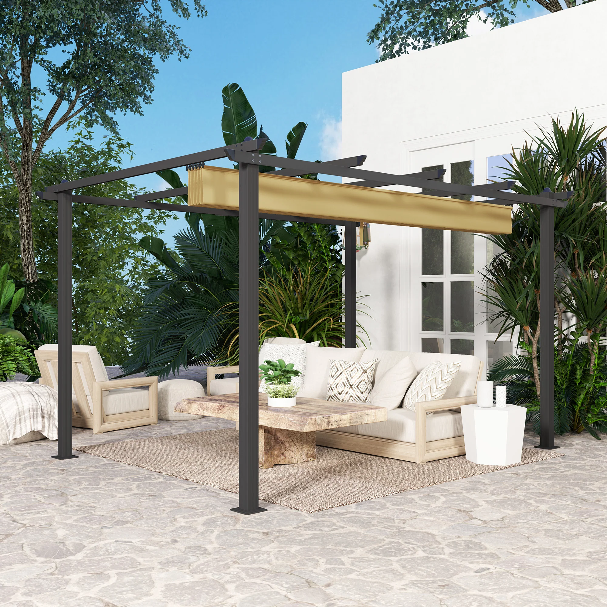 Outsunny 3 x 4m Aluminium Pergola with Retractable Roof, Garden Gazebo Khaki - Image 17