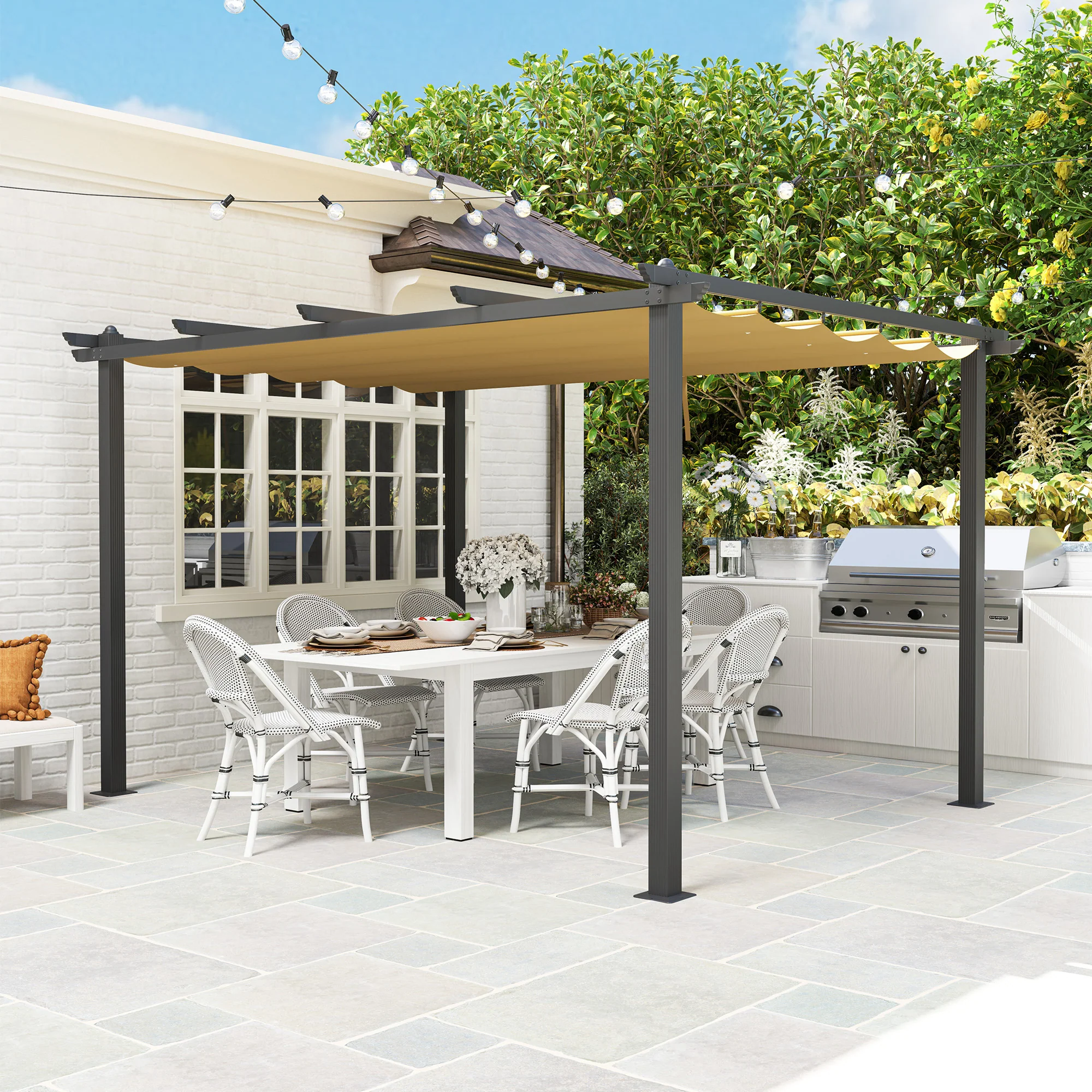 Outsunny 3 x 4m Aluminium Pergola with Retractable Roof, Garden Gazebo Khaki - Image 18