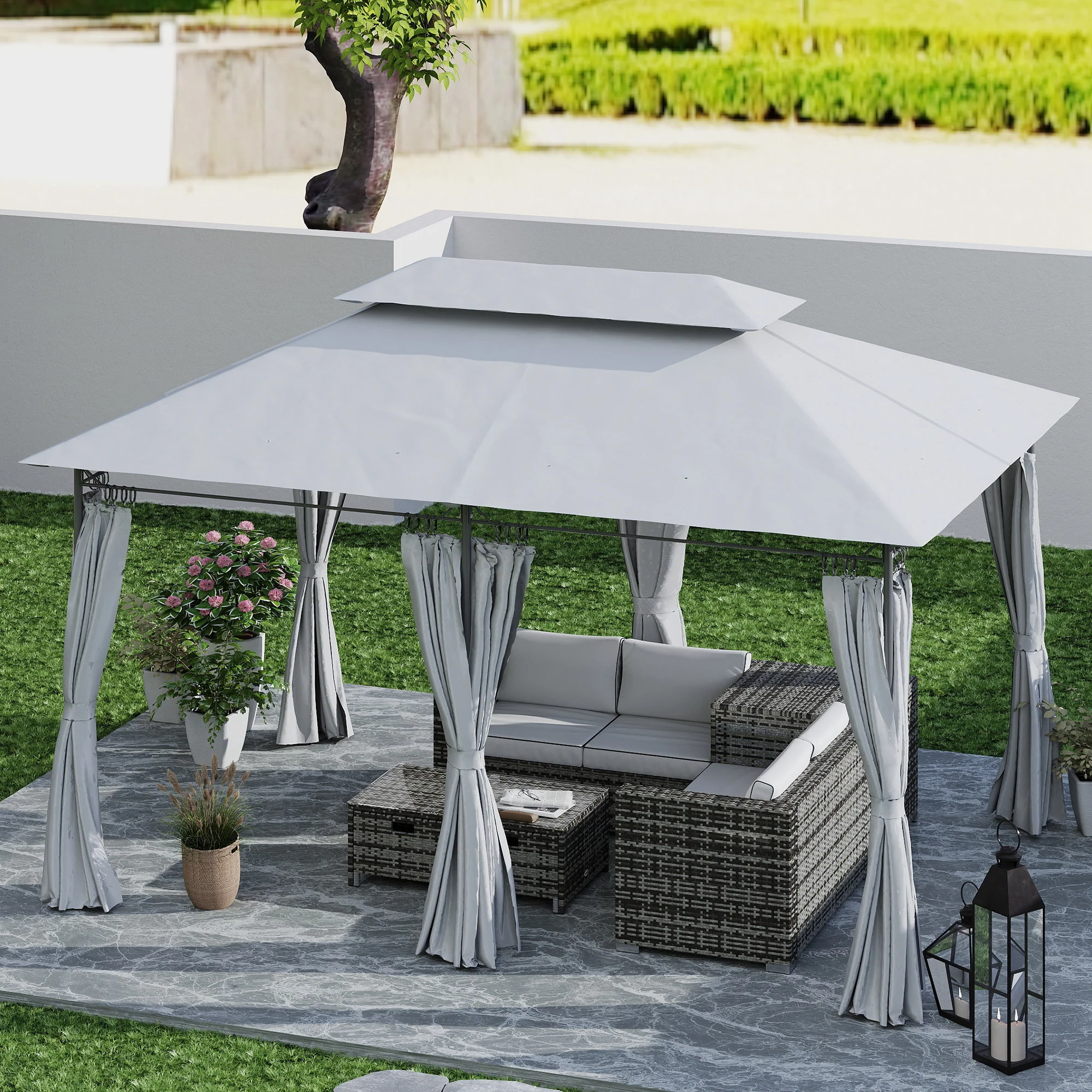Outsunny 3 x 4m Garden Gazebo with Sides, Double Roof Metal Gazebo, White - Image 9