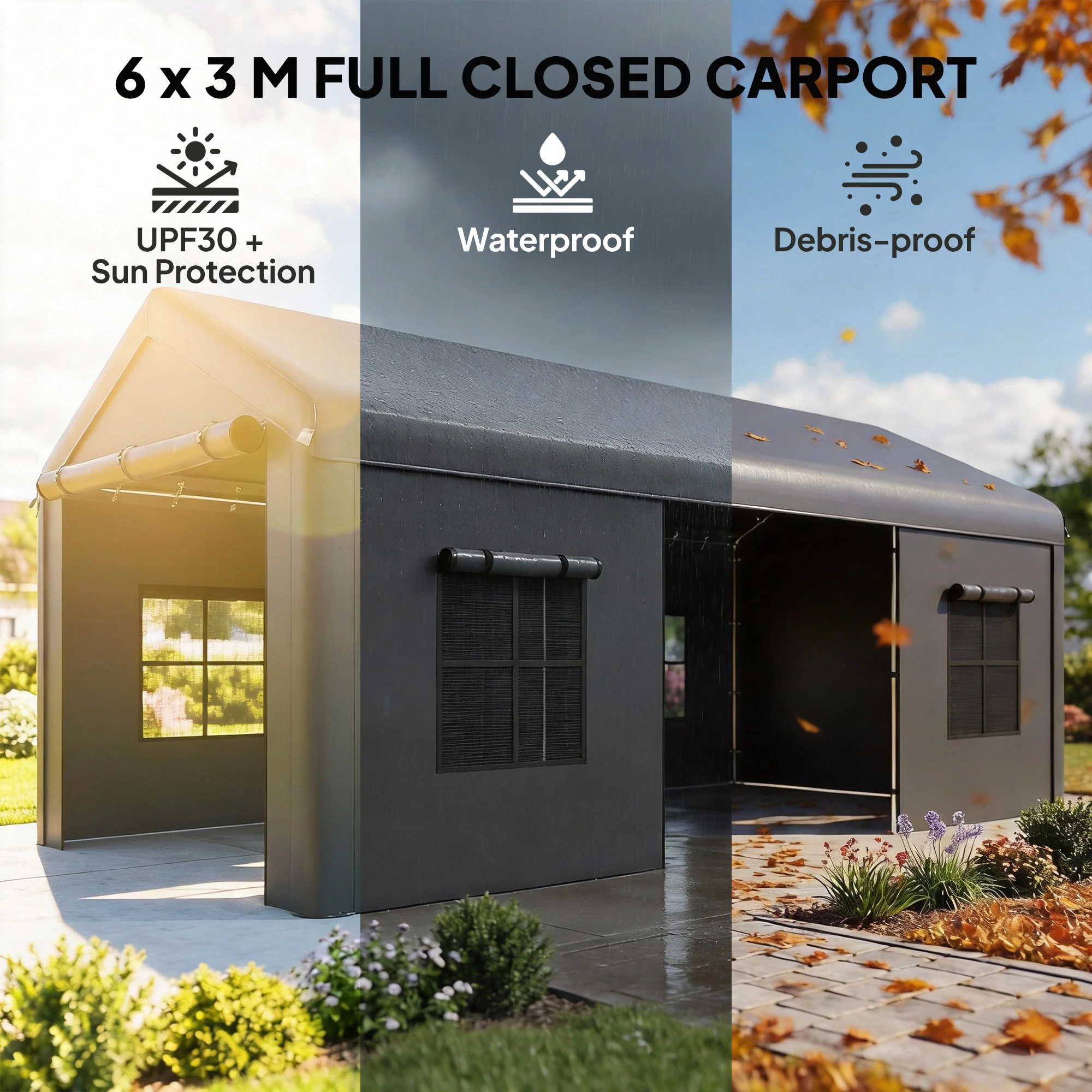 Outsunny 3 x 6 m Heavy Duty Carport, Portable Garage with 3 Doors, Dark Grey - Image 4
