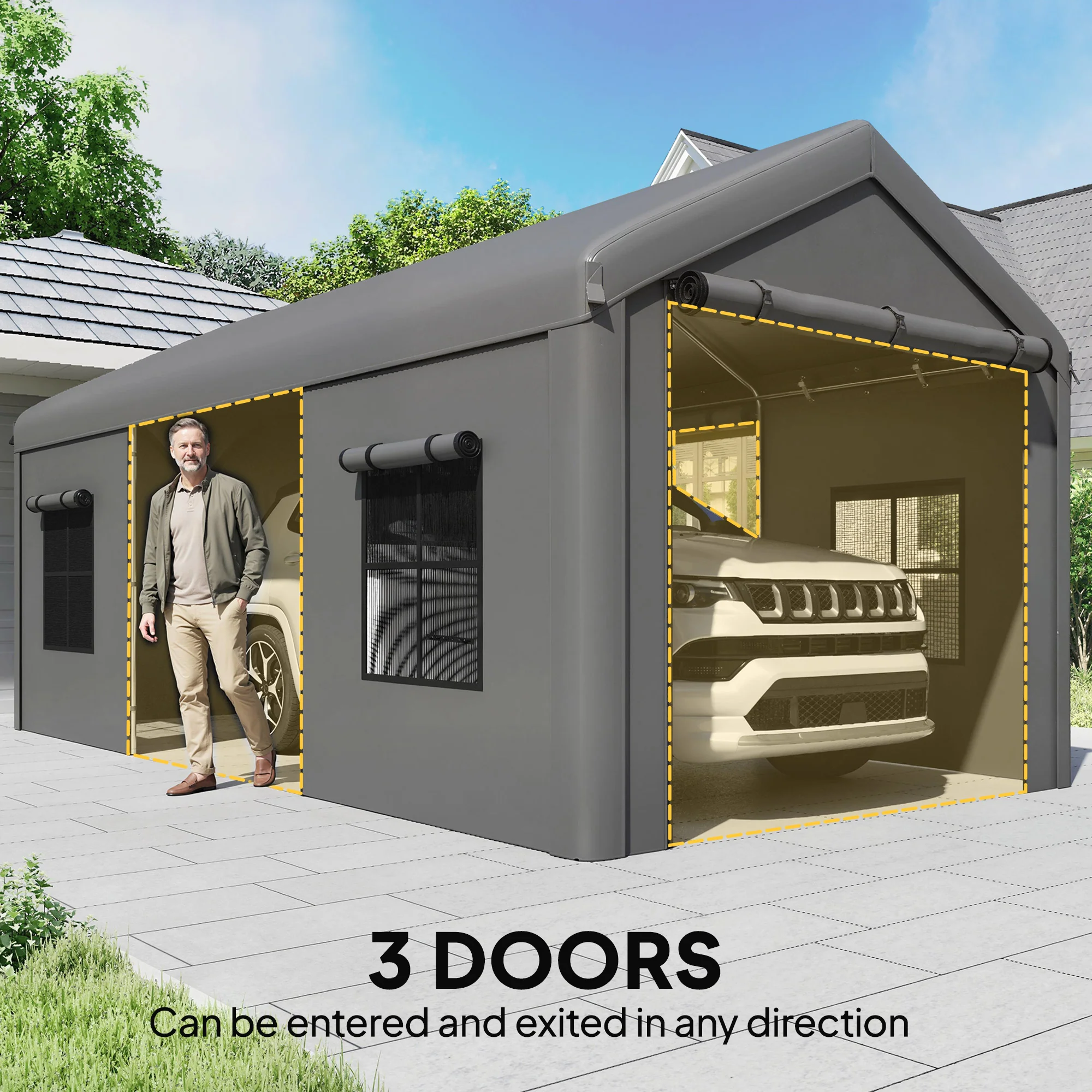 Outsunny 3 x 6 m Heavy Duty Carport, Portable Garage with 3 Doors, Dark Grey - Image 6