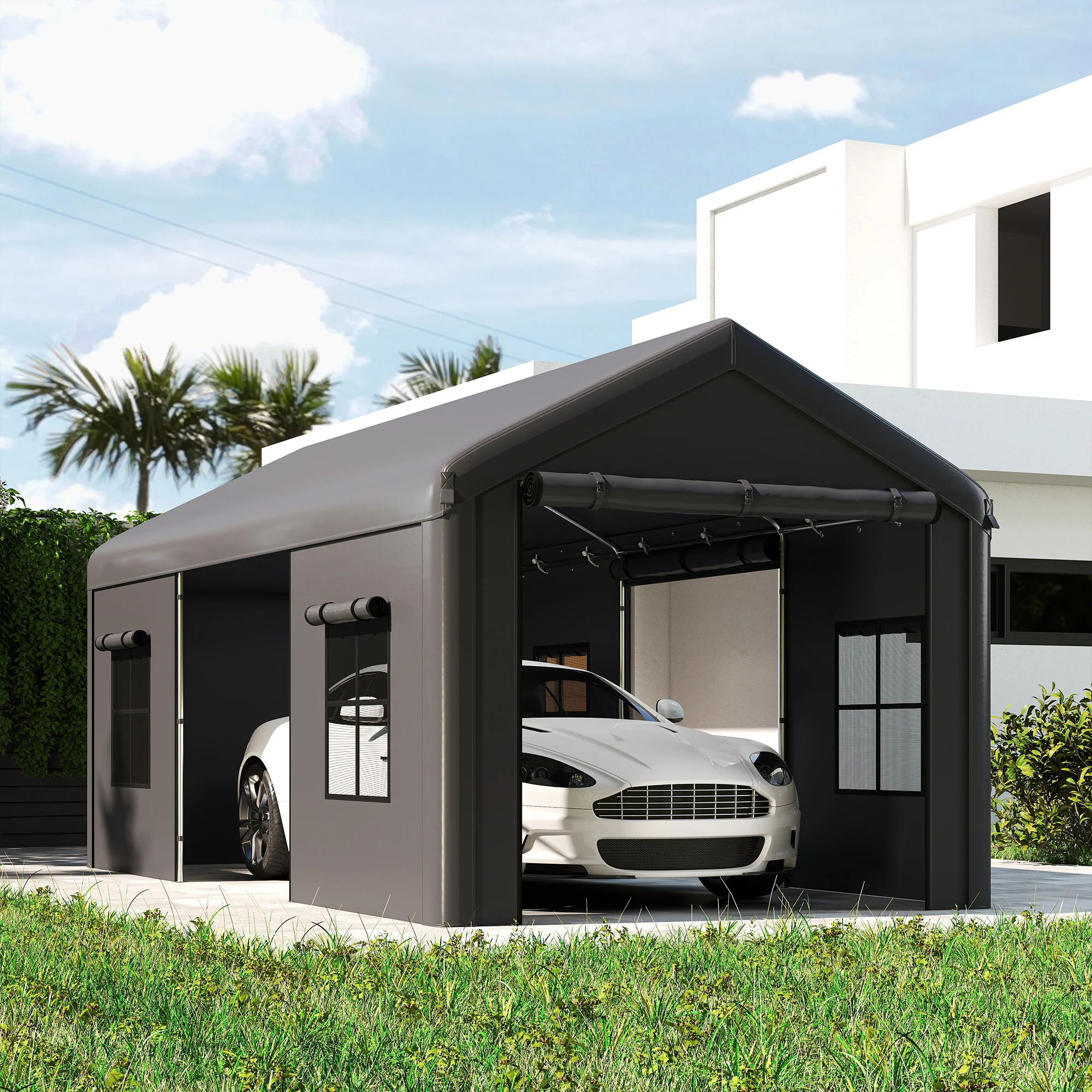 Outsunny 3 x 6 m Heavy Duty Carport, Portable Garage with 3 Doors, Dark Grey - Image 8