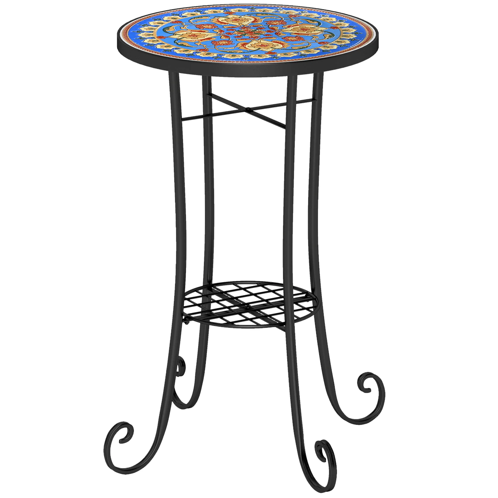 Outsunny 35.5cm Round Mosaic Garden Side Table Plant Stand w/ Shelf - Image 10