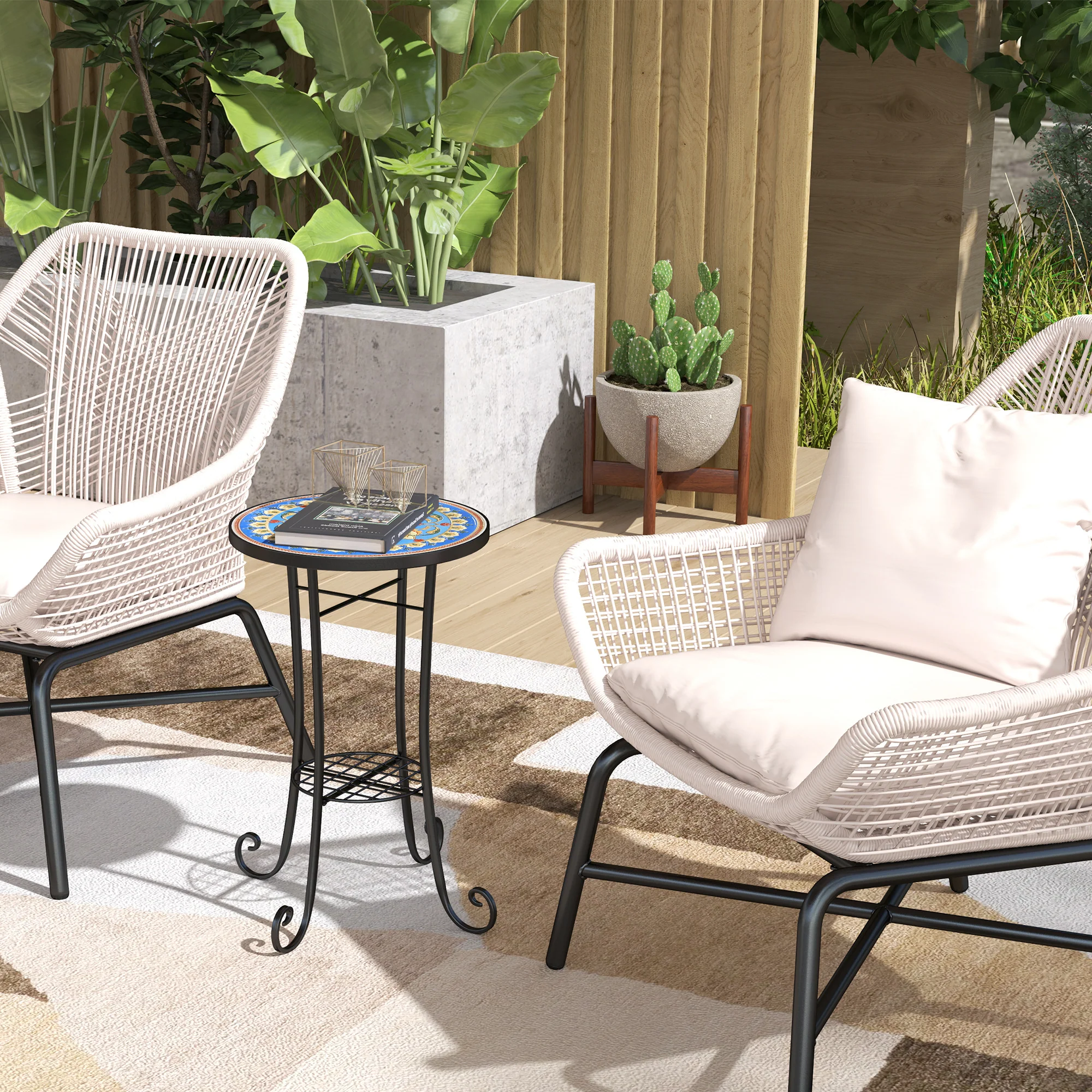 Outsunny 35.5cm Round Mosaic Garden Side Table Plant Stand w/ Shelf - Image 11