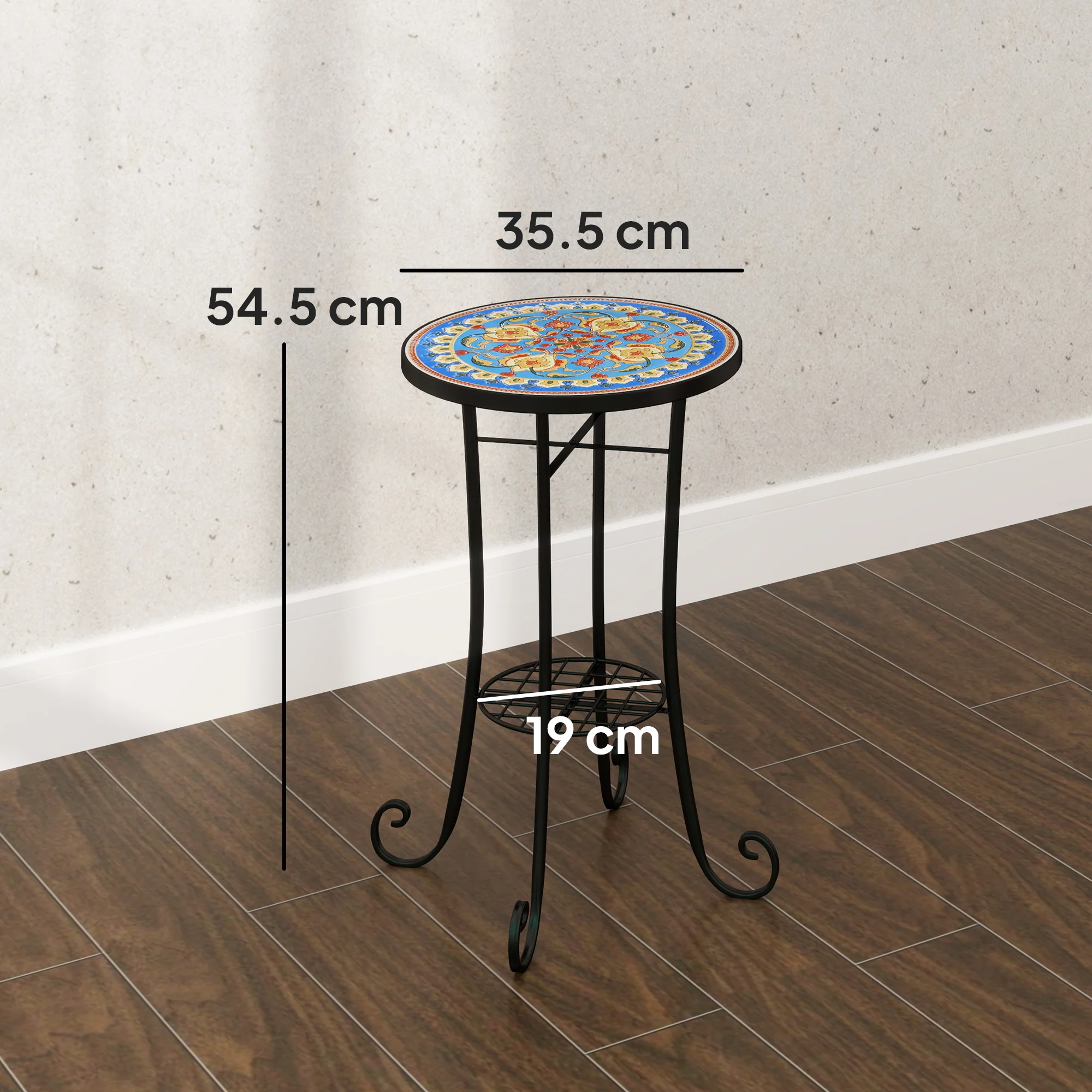 Outsunny 35.5cm Round Mosaic Garden Side Table Plant Stand w/ Shelf - Image 14
