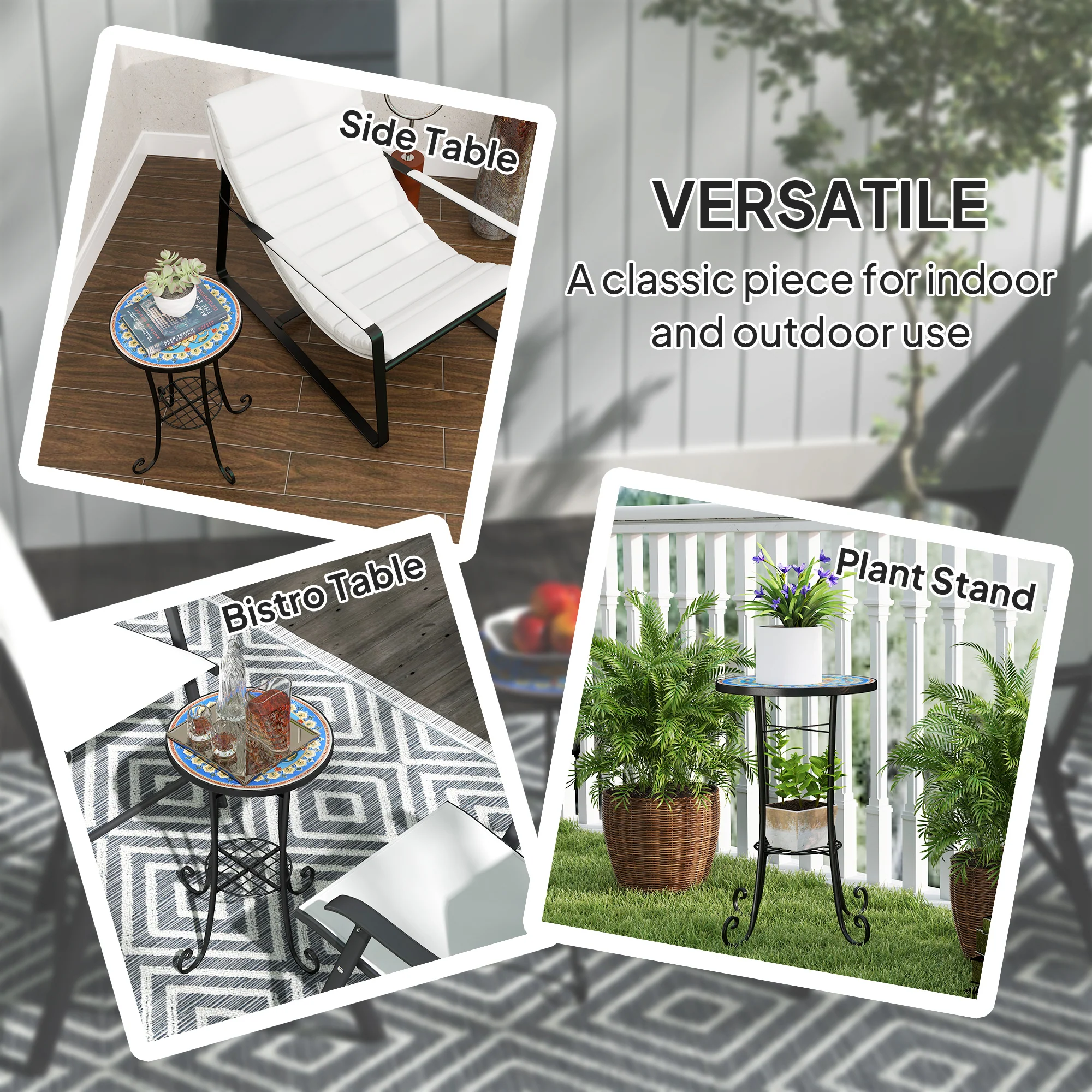 Outsunny 35.5cm Round Mosaic Garden Side Table Plant Stand w/ Shelf - Image 16