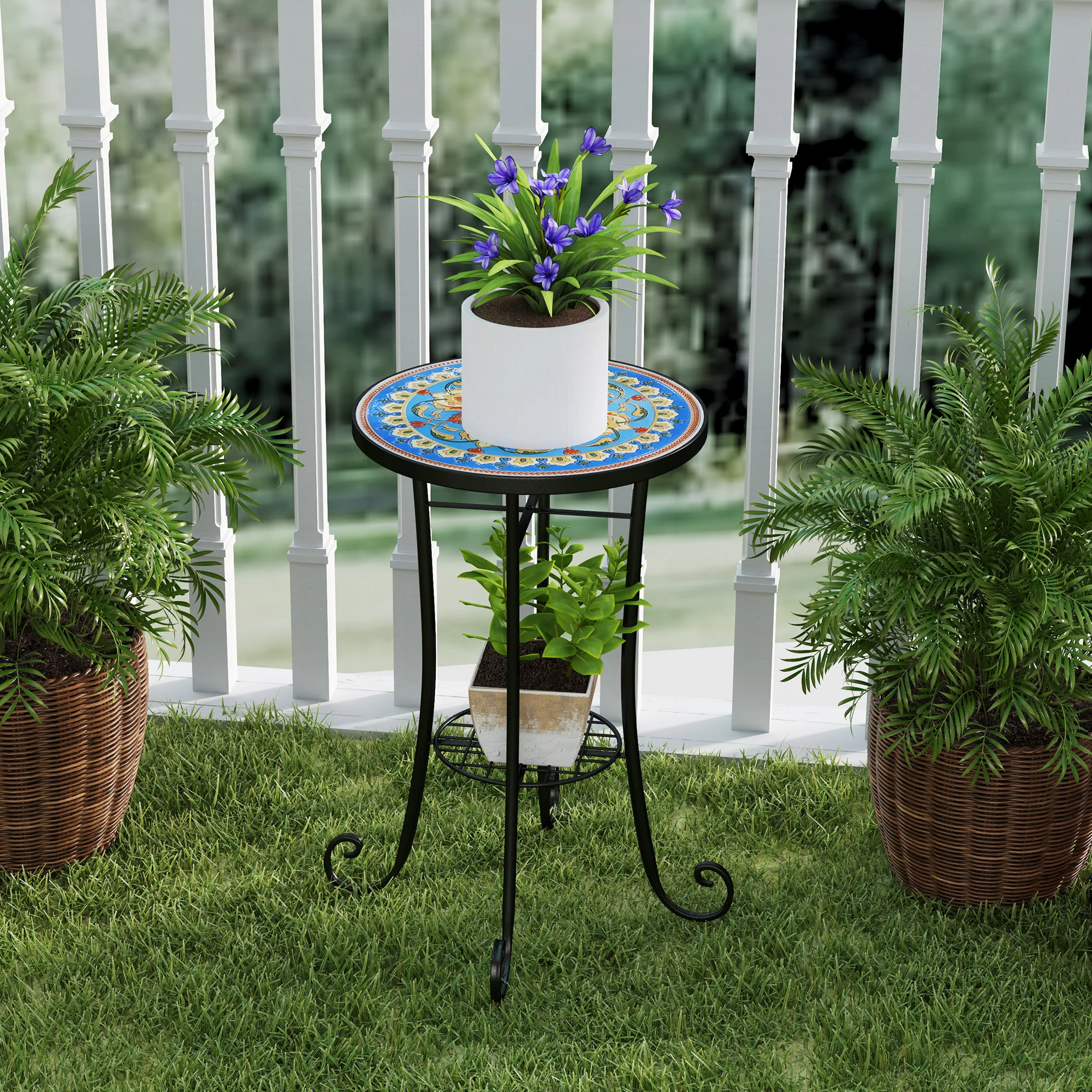 Outsunny 35.5cm Round Mosaic Garden Side Table Plant Stand w/ Shelf - Image 18