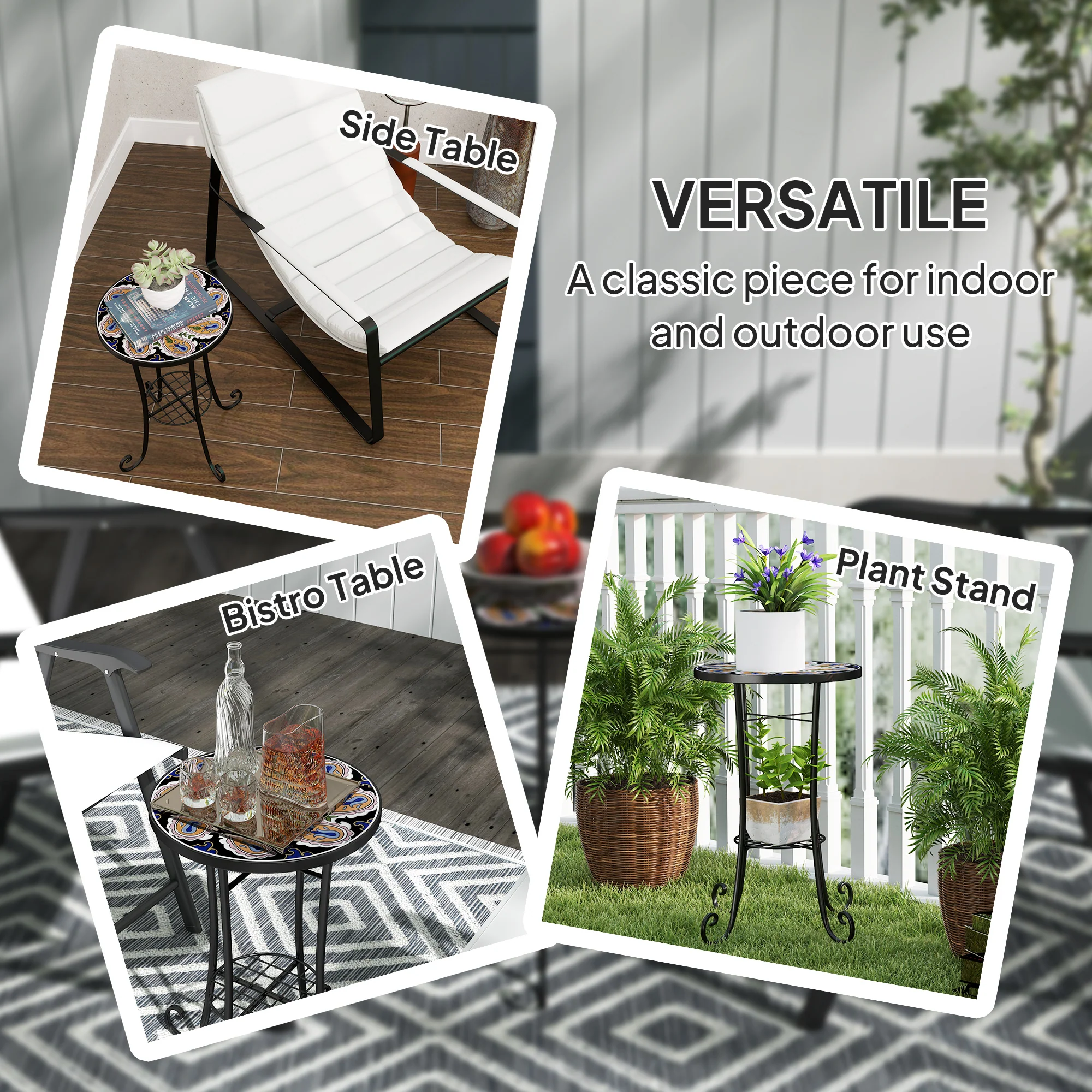 Outsunny 35.5cm Round Mosaic Garden Side Table Plant Stand w/ Shelf - Image 7