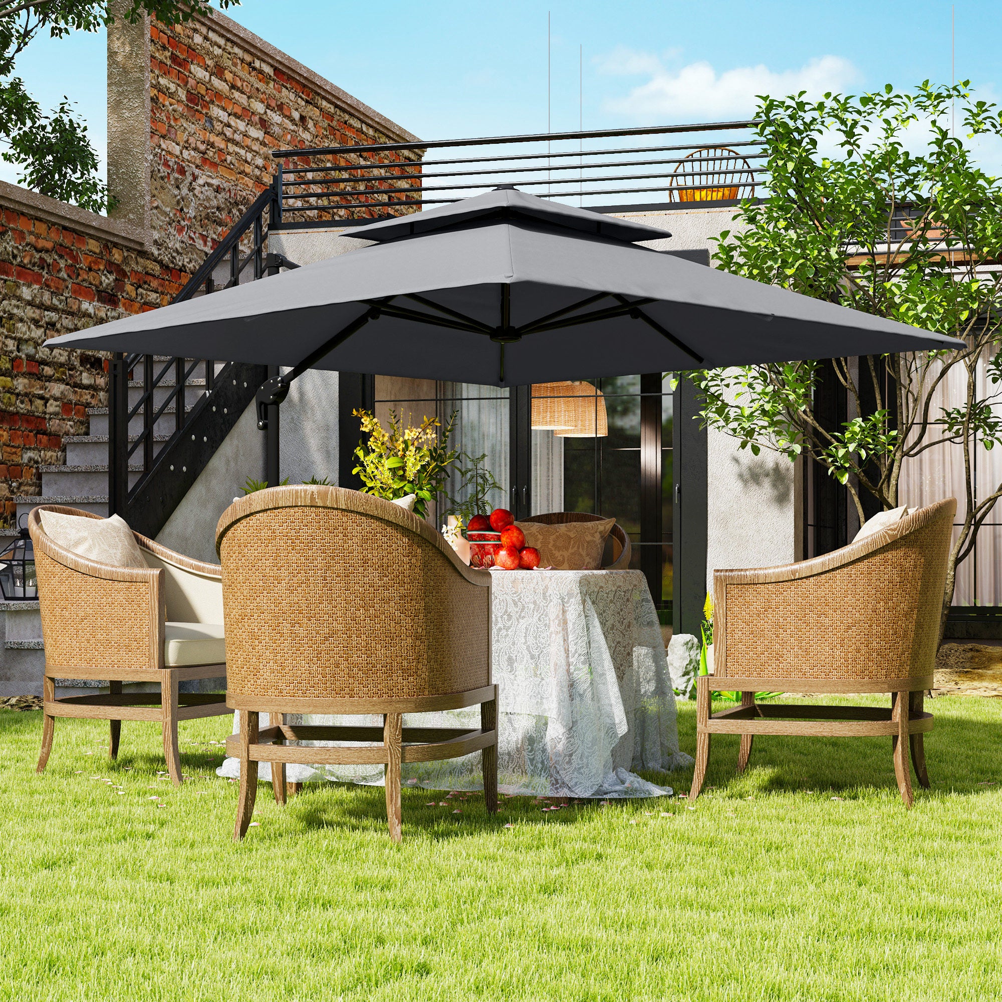 Outsunny 360° Cantilever Parasol Roma Umbrella w/ Base Weights, Light Grey - Image 2