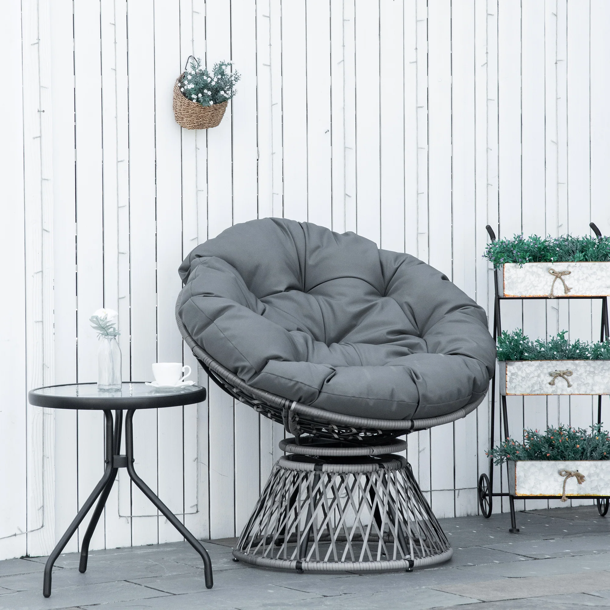 Outsunny 360° Swivel Rattan Papasan Moon Bowl Chair Round Outdoor W/ Padded-Grey - Image 2