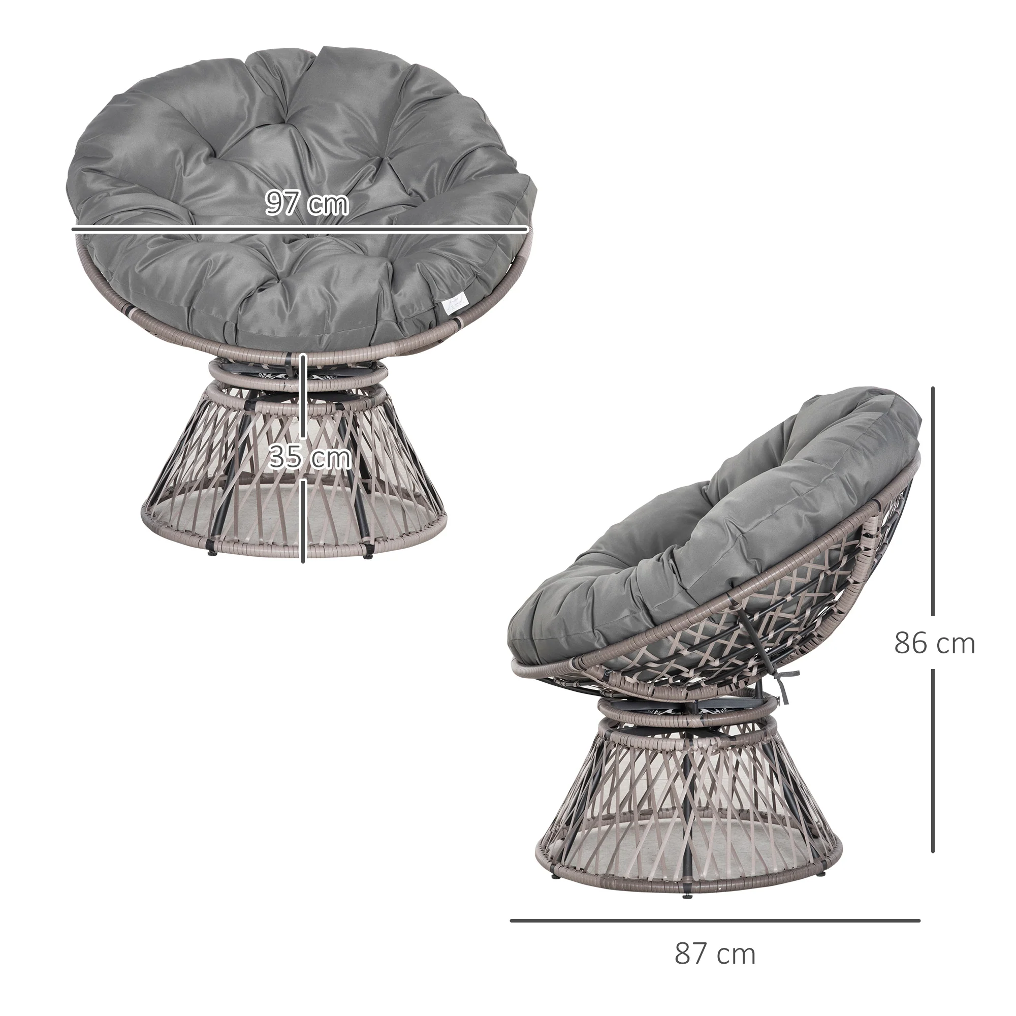 Outsunny 360° Swivel Rattan Papasan Moon Bowl Chair Round Outdoor W/ Padded-Grey - Image 5