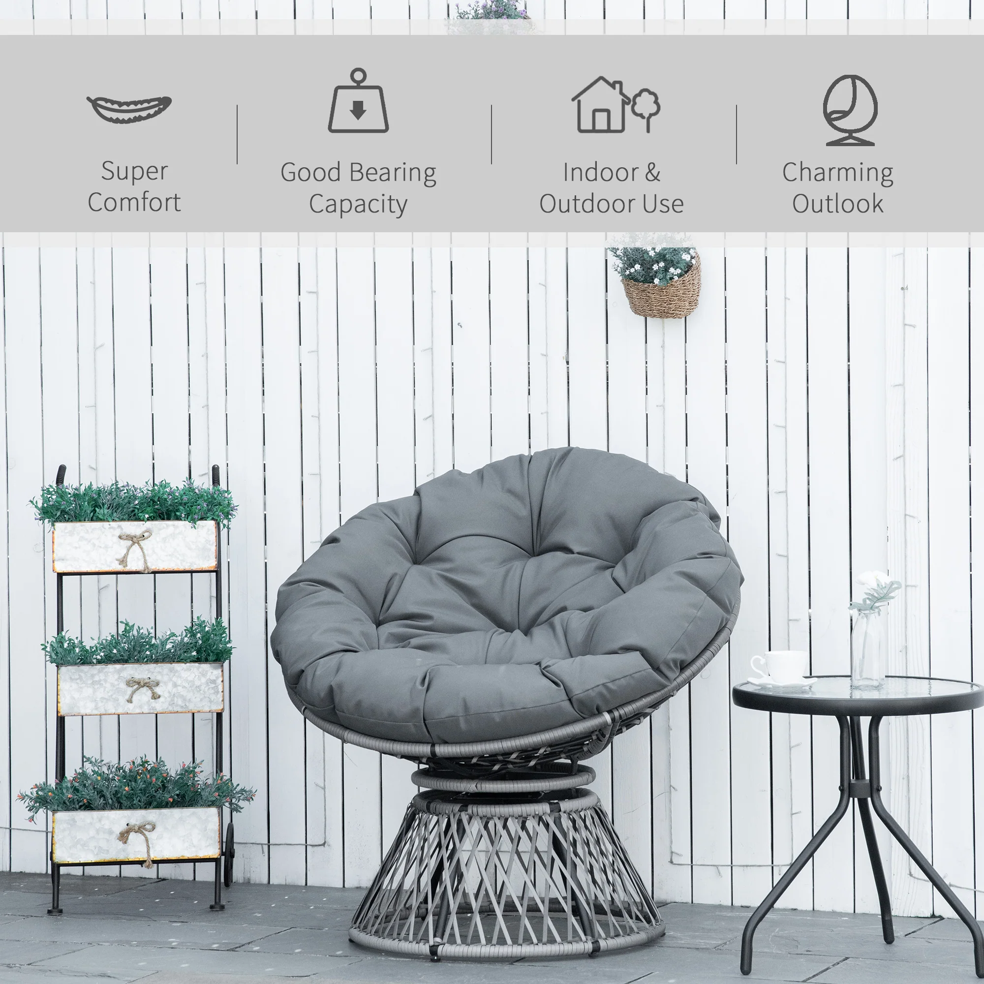 Outsunny 360° Swivel Rattan Papasan Moon Bowl Chair Round Outdoor W/ Padded-Grey - Image 7