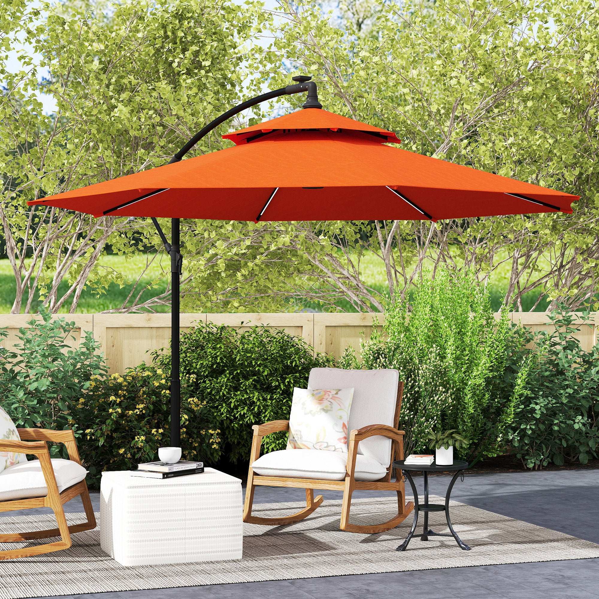Outsunny 3(m) Cantilever Parasol Hanging Banana Umbrella w/ lights, Orange - Image 9