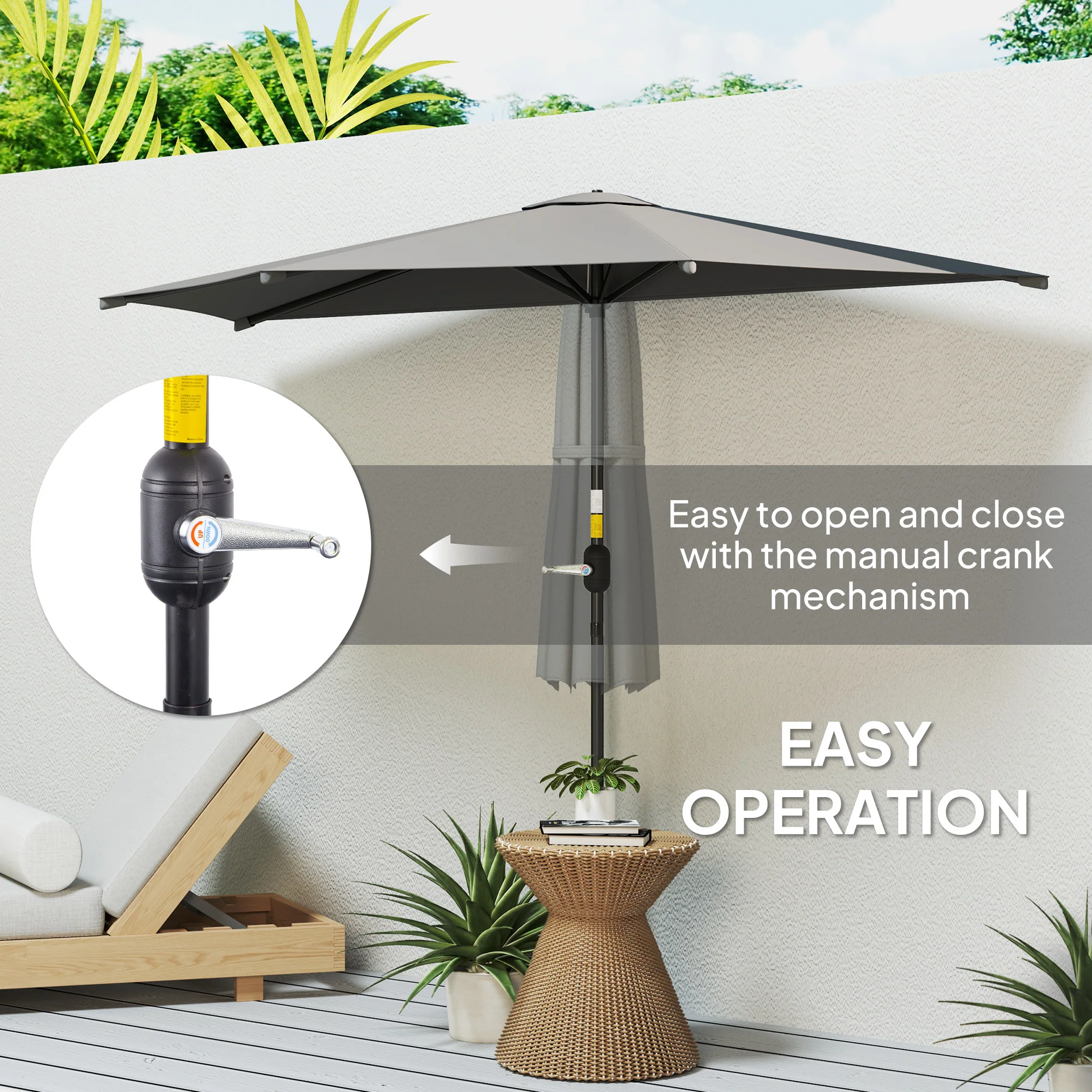 Outsunny 3(m) Half Round Parasol Garden Sun Umbrella w/ Crank Dark Grey - Image 3