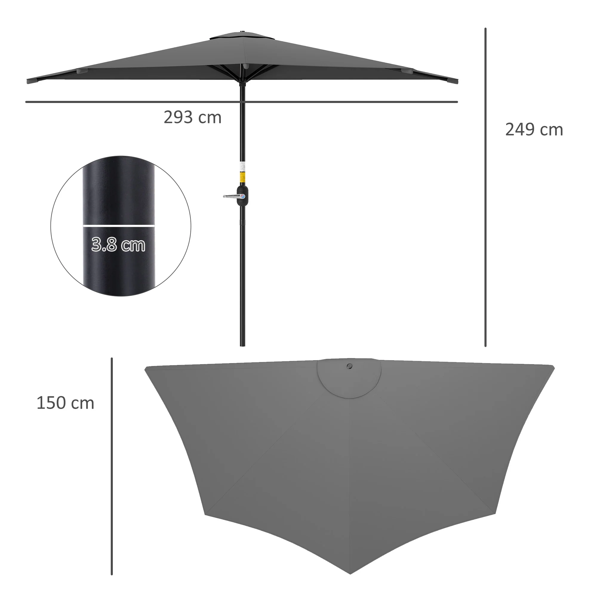 Outsunny 3(m) Half Round Parasol Garden Sun Umbrella w/ Crank Dark Grey - Image 5