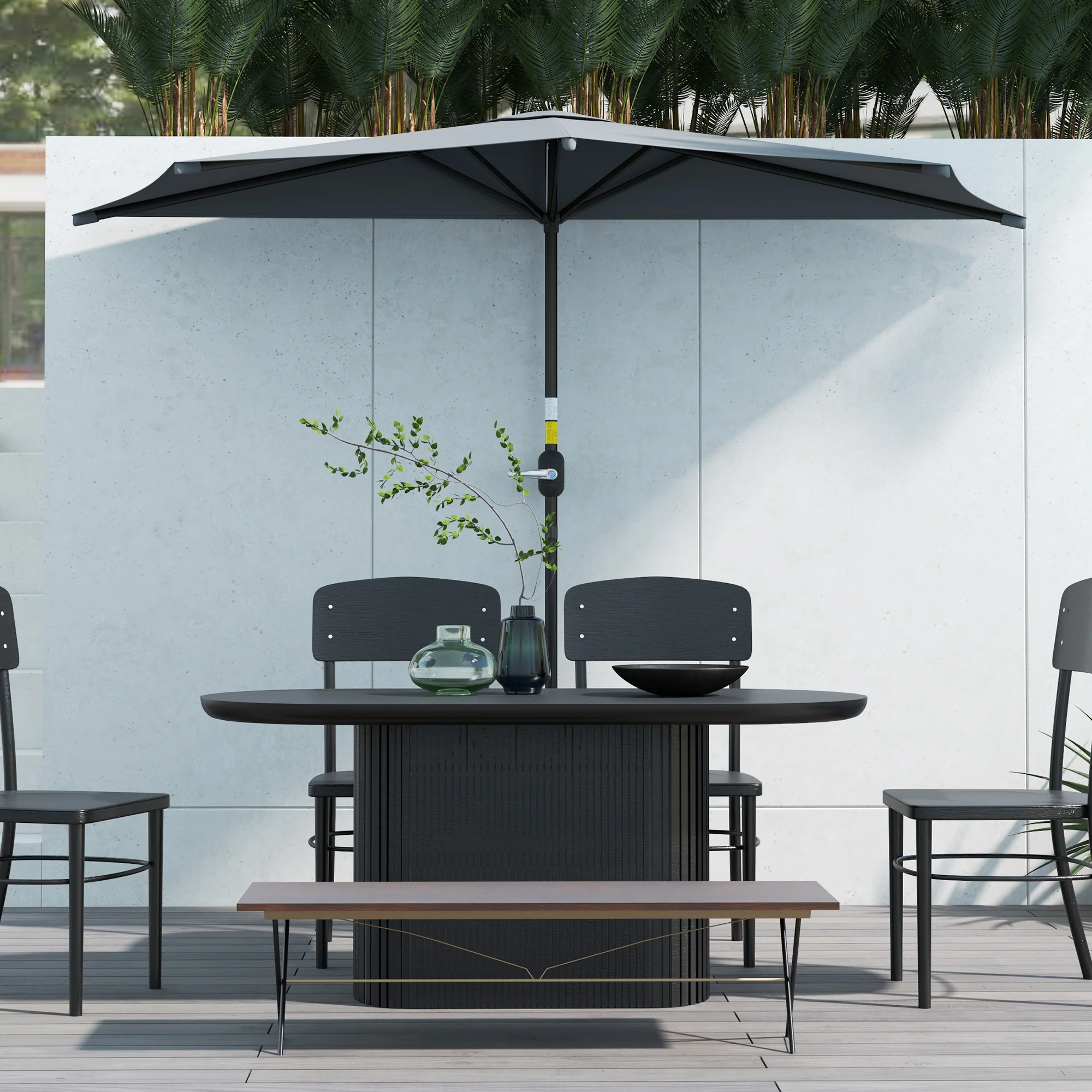 Outsunny 3(m) Half Round Parasol Garden Sun Umbrella w/ Crank Dark Grey - Image 8