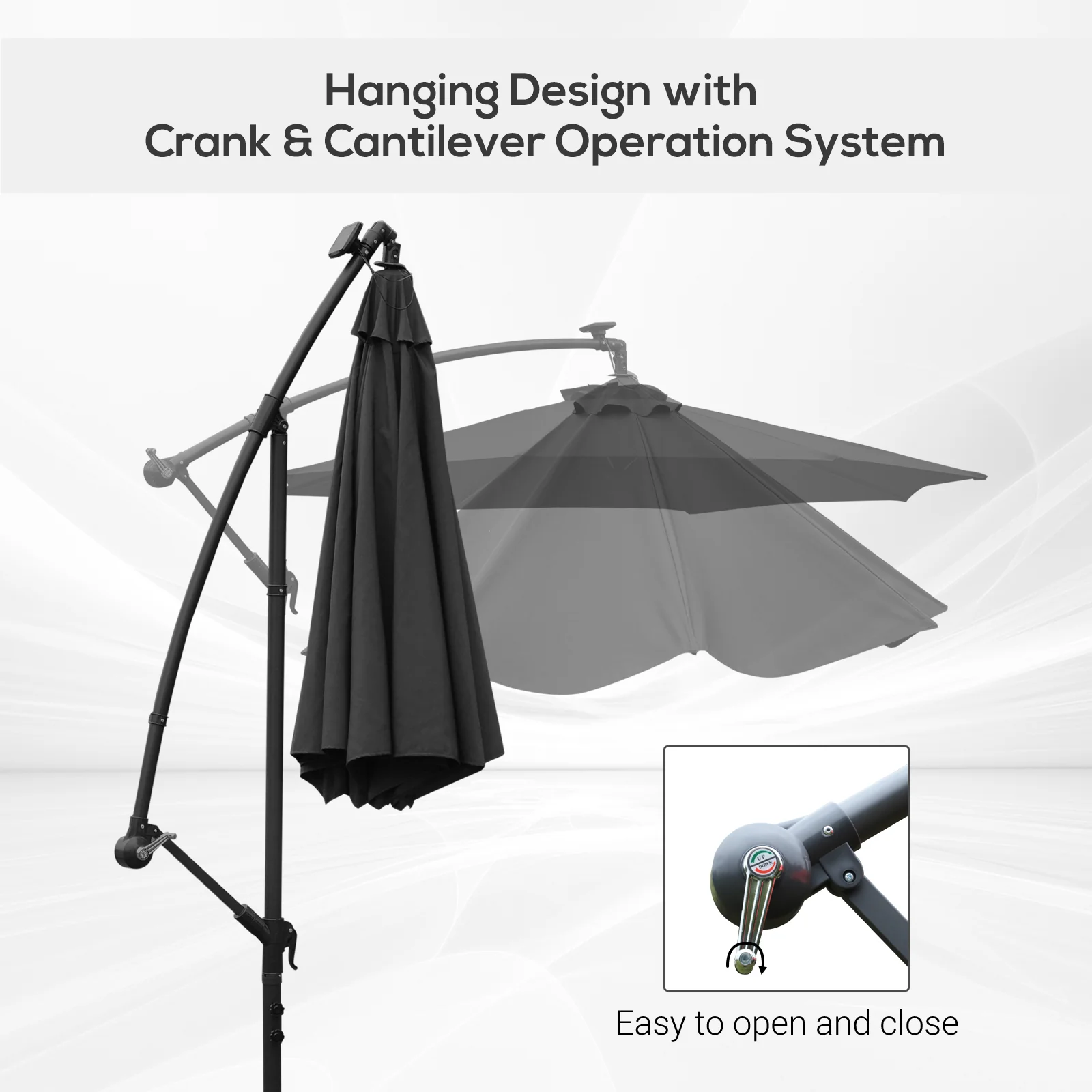 Outsunny 3m LED Patio Banana Umbrella Cantilever Parasol w/ Crank Cross Base Hanging Offset Umbrella Frame Steel Aluminium Garden Table Outdoor Black - Image 5