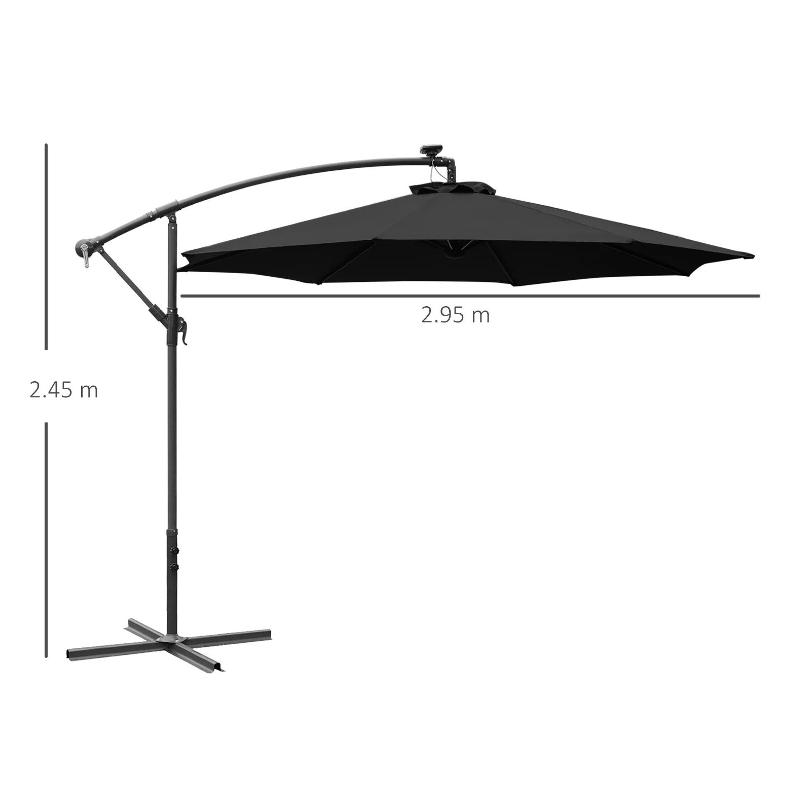 Outsunny 3m LED Patio Banana Umbrella Cantilever Parasol w/ Crank Cross Base Hanging Offset Umbrella Frame Steel Aluminium Garden Table Outdoor Black - Image 2