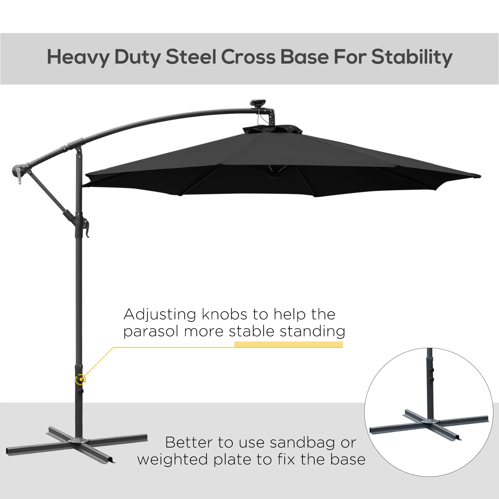 Outsunny 3m LED Patio Banana Umbrella Cantilever Parasol w/ Crank Cross Base Hanging Offset Umbrella Frame Steel Aluminium Garden Table Outdoor Black - Image 3