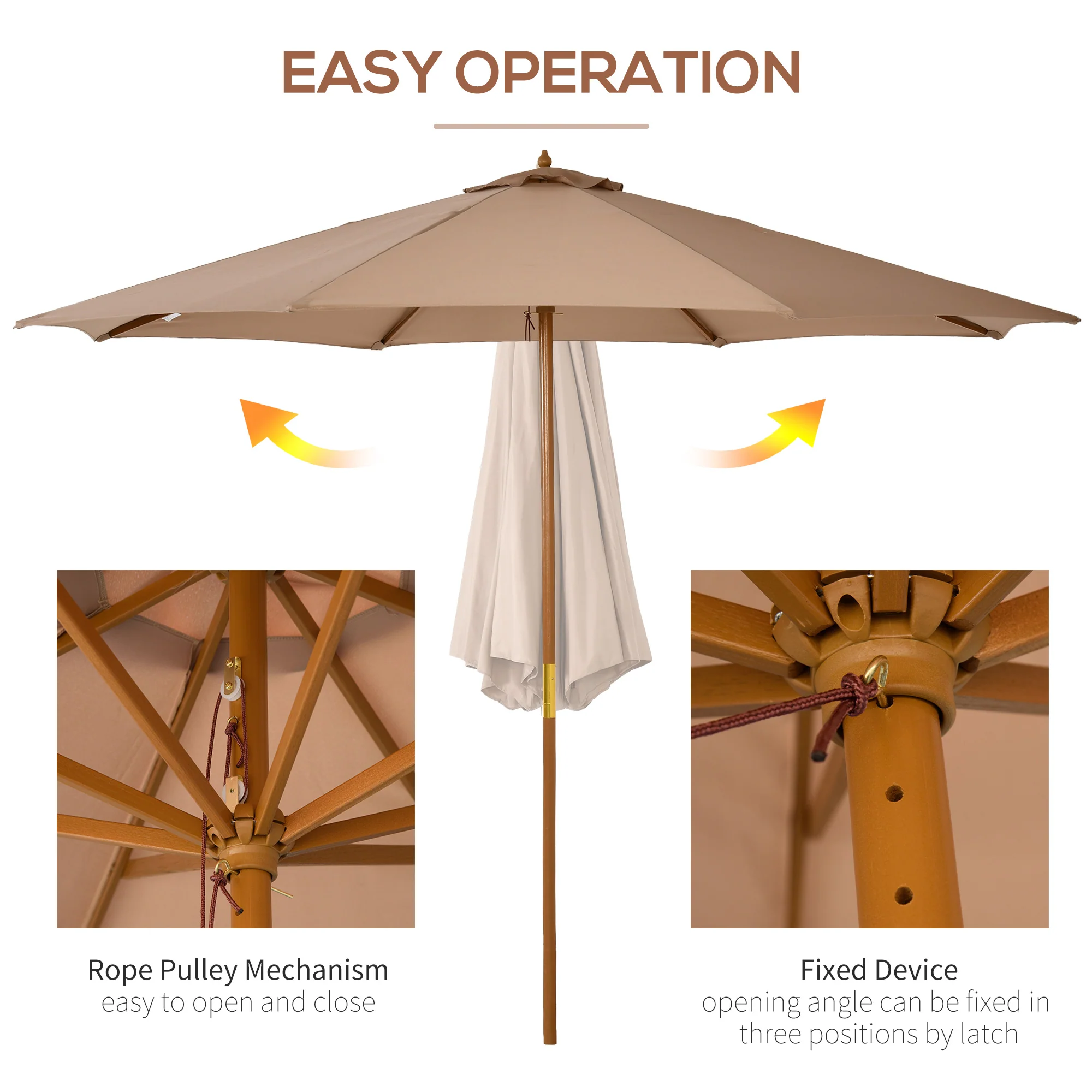 Outsunny 3(m) Wooden Garden Parasol Sun Shade Outdoor Umbrella Canopy Khaki - Image 3