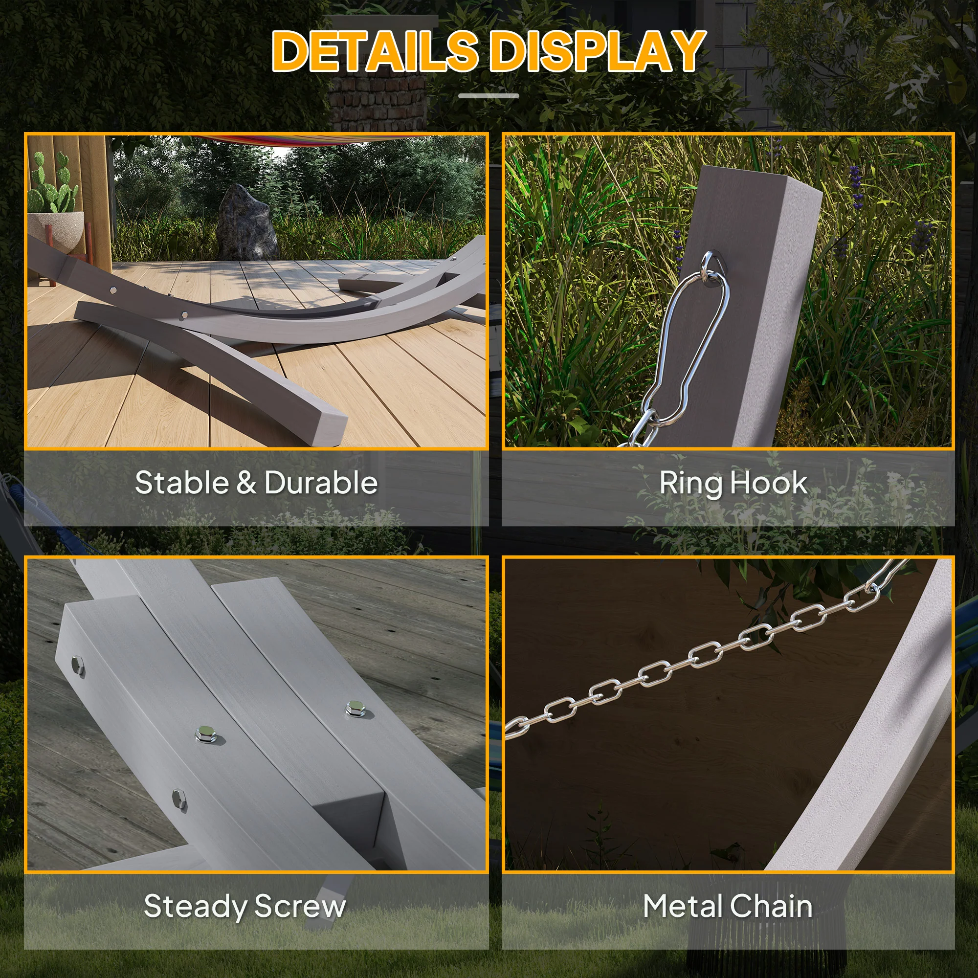 Outsunny 3(m) Wooden Hammock Stand for Garden, Patio, Grey - Image 4