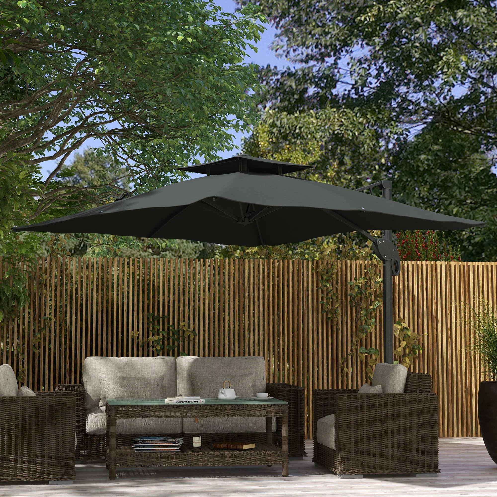 Outsunny 3(m)Garden Parasol Patio Umbrella w/ Hydraulic Mechanism Dual Top Grey - Image 2