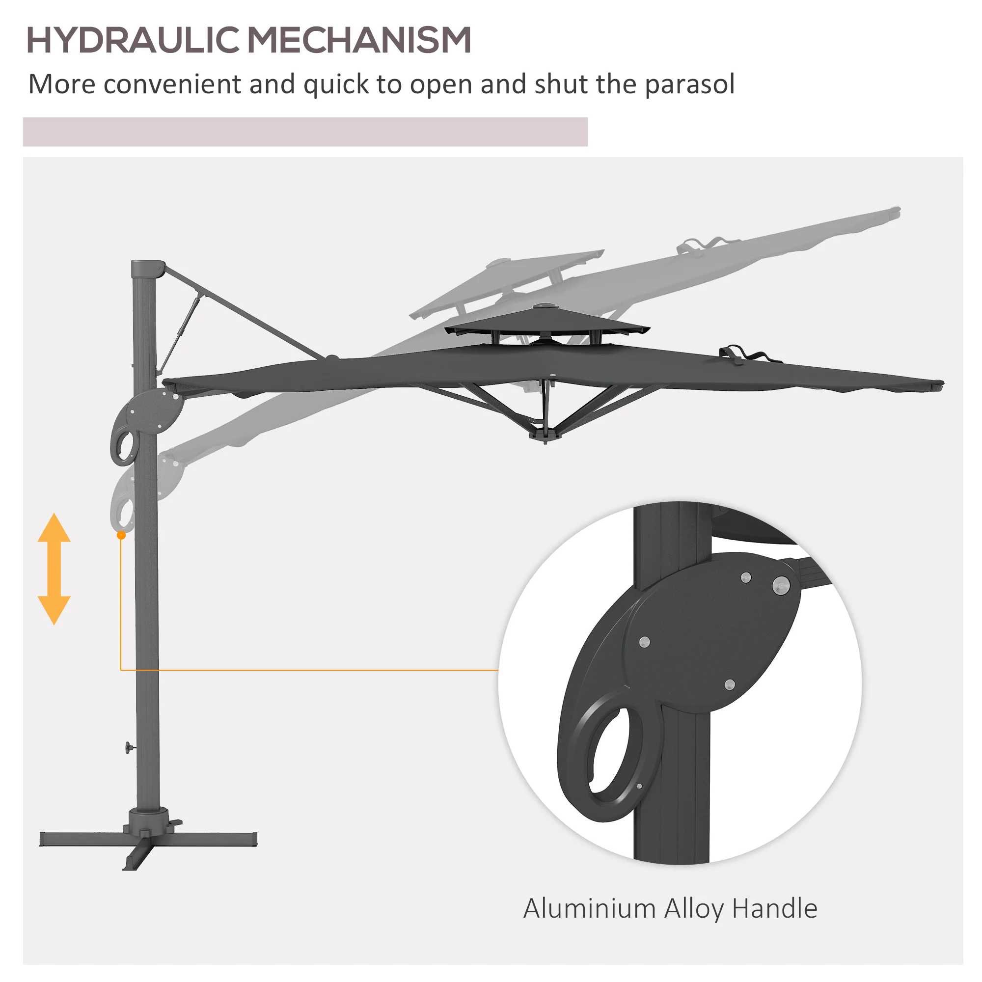 Outsunny 3(m)Garden Parasol Patio Umbrella w/ Hydraulic Mechanism Dual Top Grey - Image 4