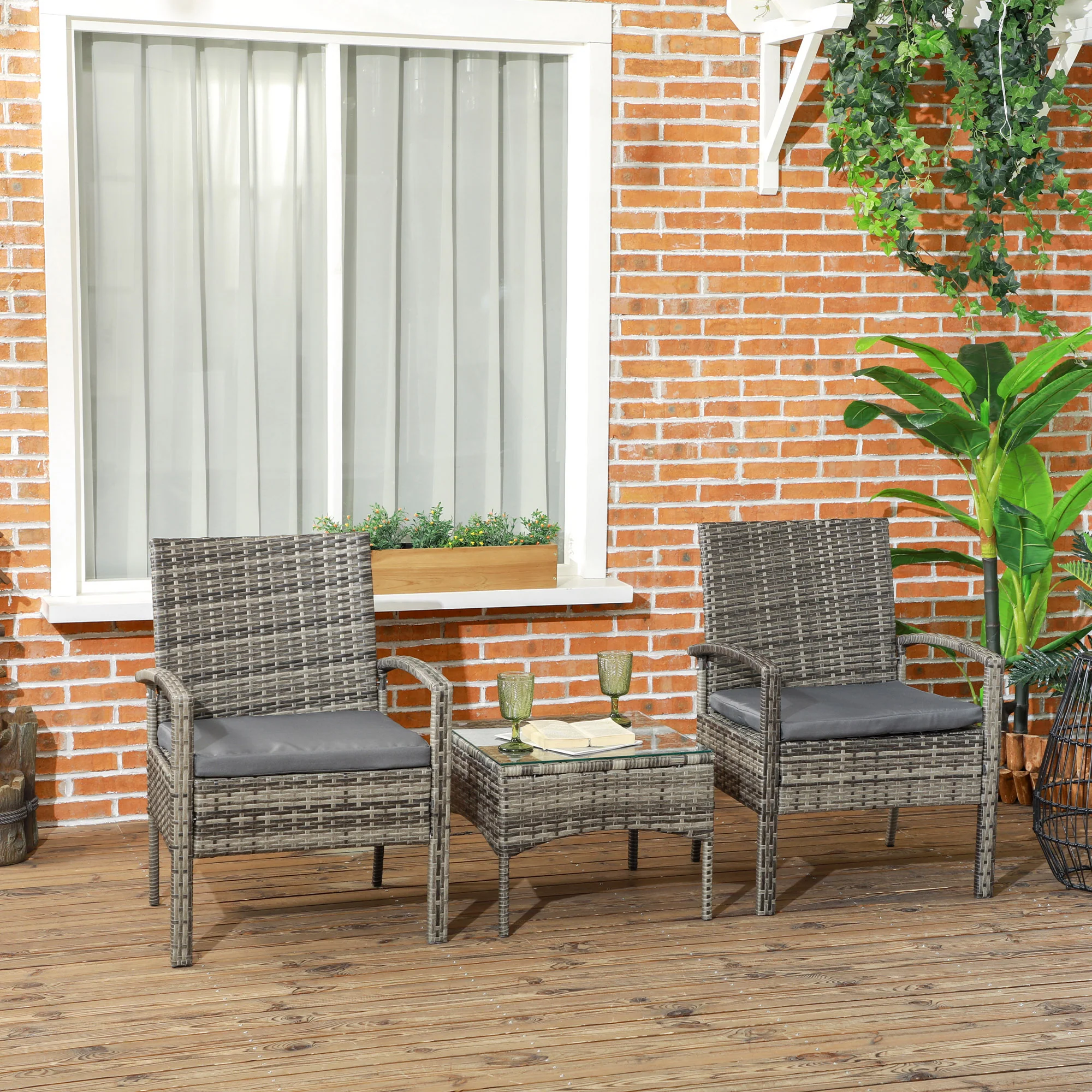 Outsunny 3PC Garden Rattan Bistro Set Balcony Dining Table Chair Mixed Grey - Image 2