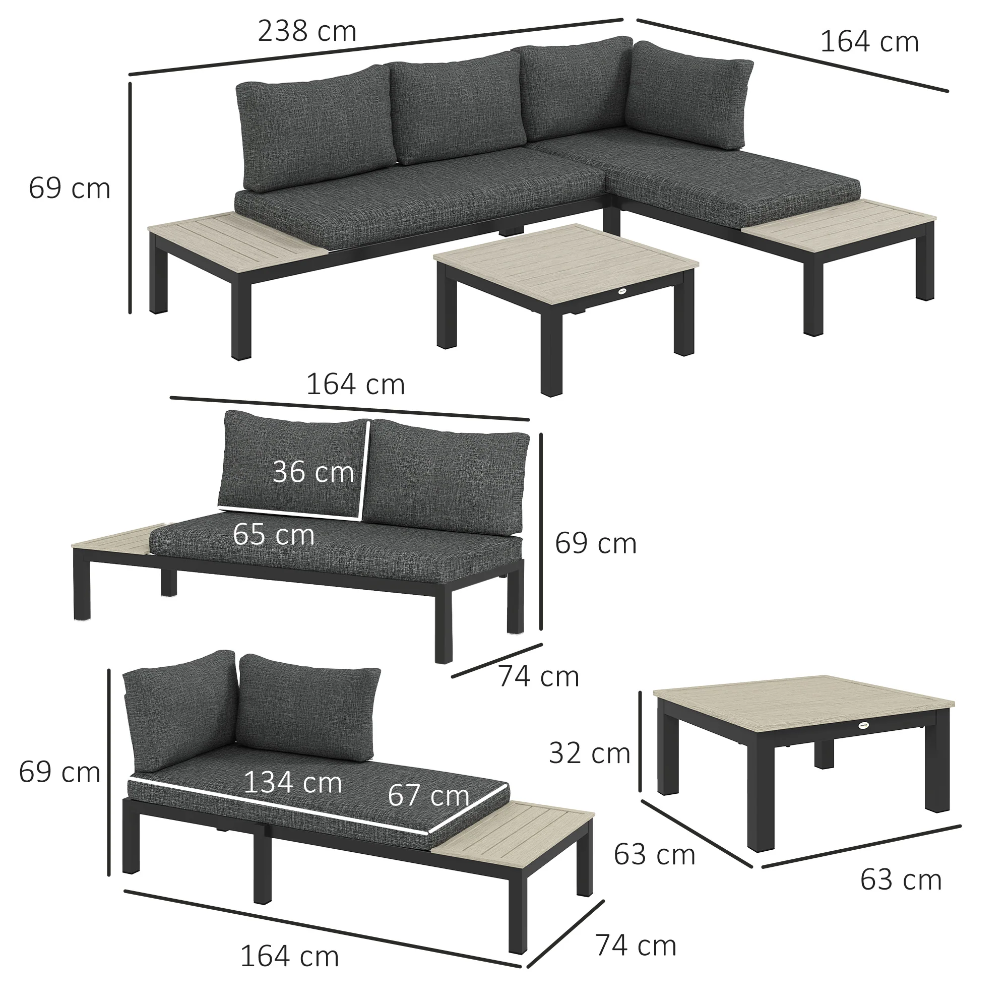 Outsunny 3pcs Garden Sectional Sofa Side Table Furniture Set W/ Cushion - Image 5