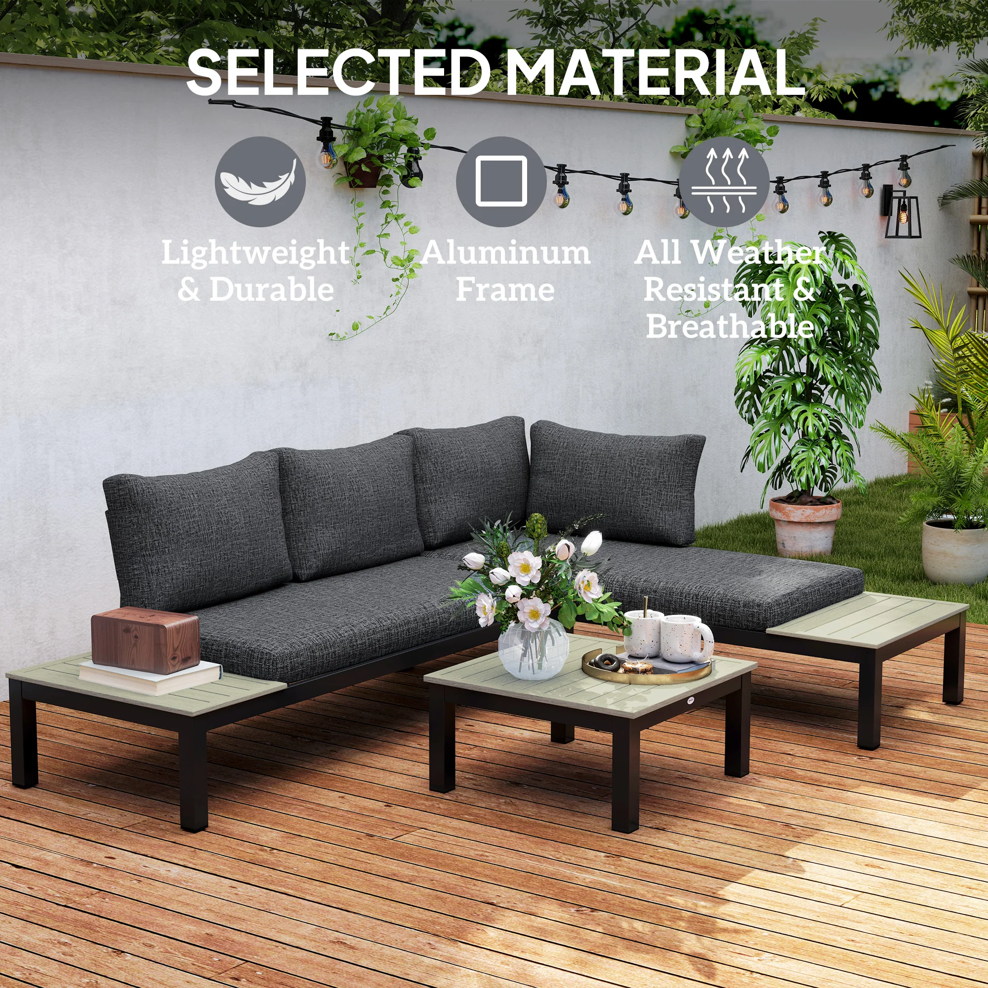 Outsunny 3pcs Garden Sectional Sofa Side Table Furniture Set W/ Cushion - Image 7