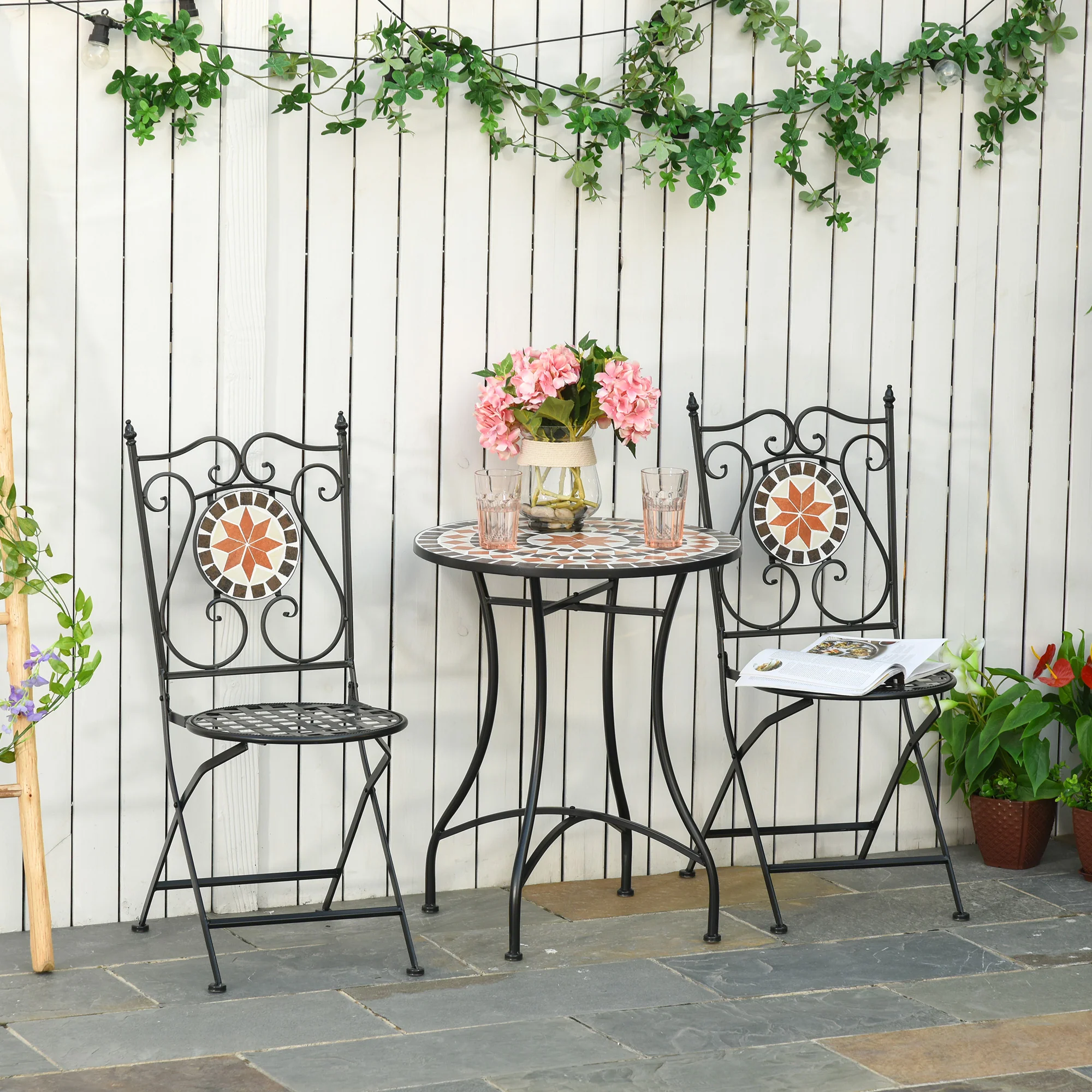 Outsunny 3PCs Garden Set 1 Ceramic Tile Round Table and 2 Foldable Chairs - Image 2