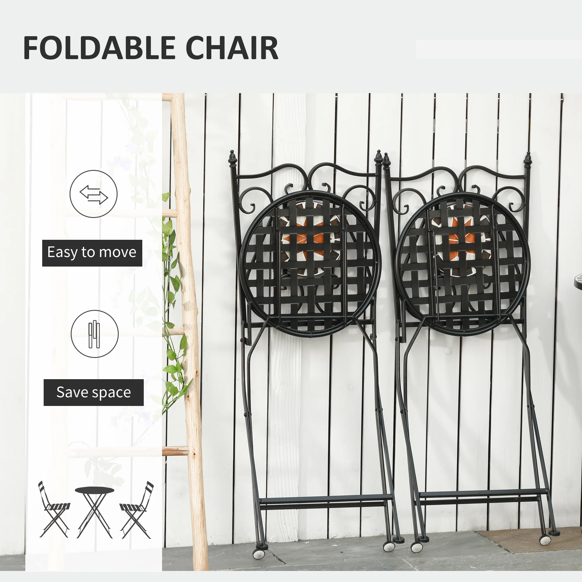 Outsunny 3PCs Garden Set 1 Ceramic Tile Round Table and 2 Foldable Chairs - Image 3