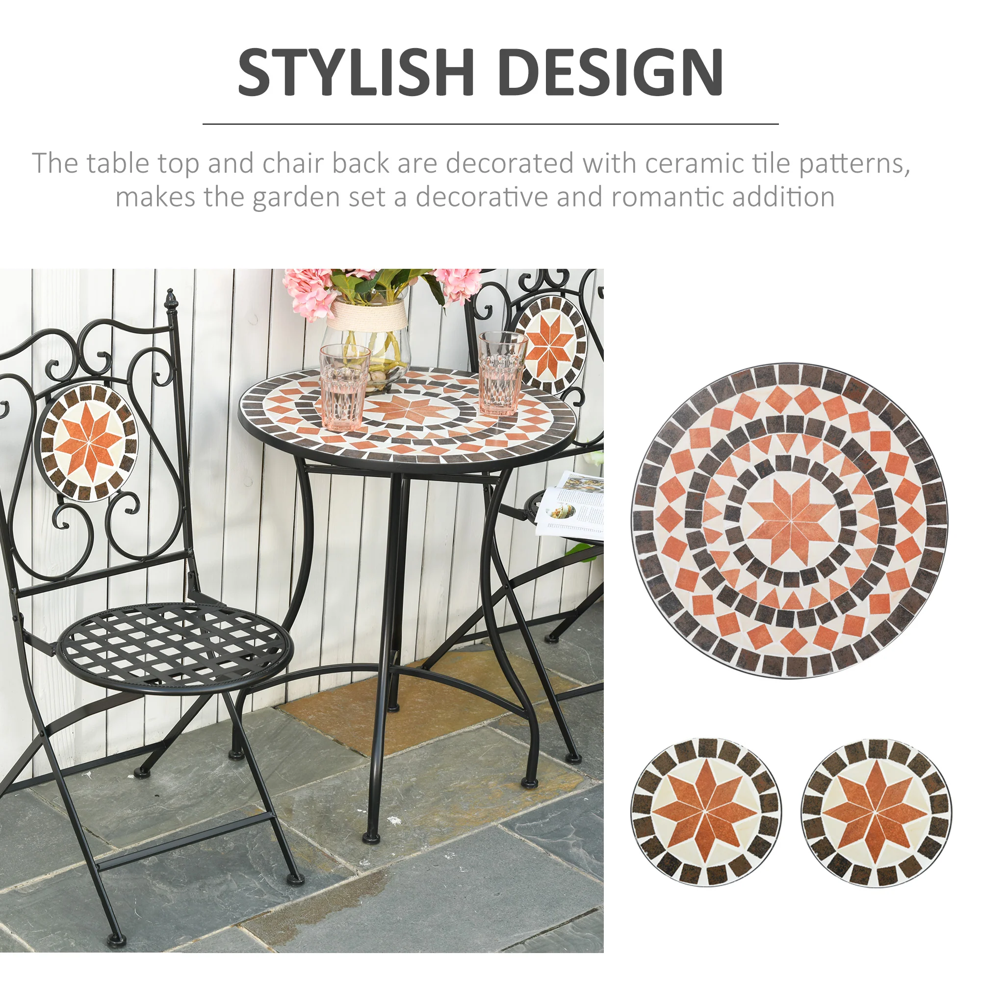 Outsunny 3PCs Garden Set 1 Ceramic Tile Round Table and 2 Foldable Chairs - Image 4