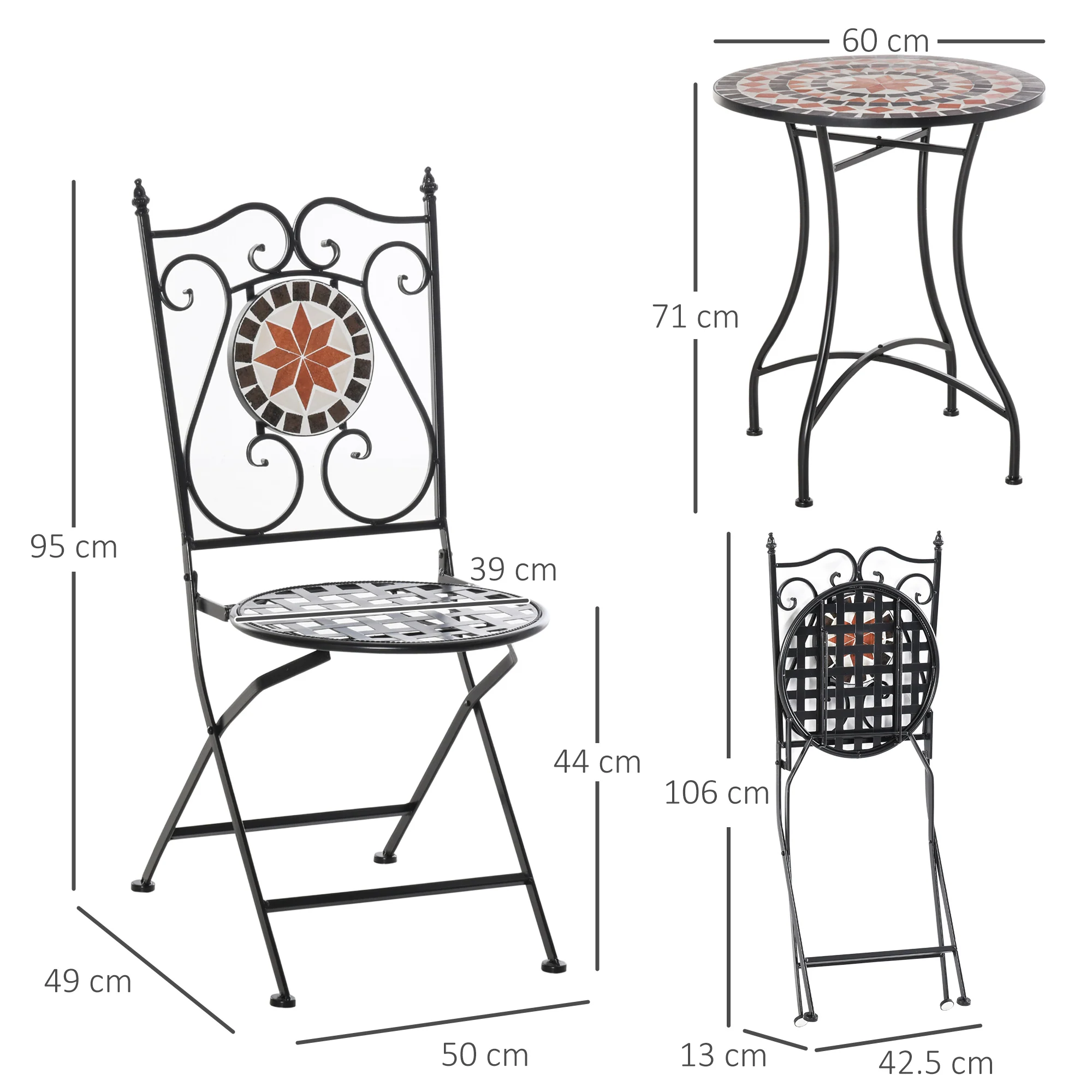 Outsunny 3PCs Garden Set 1 Ceramic Tile Round Table and 2 Foldable Chairs - Image 5