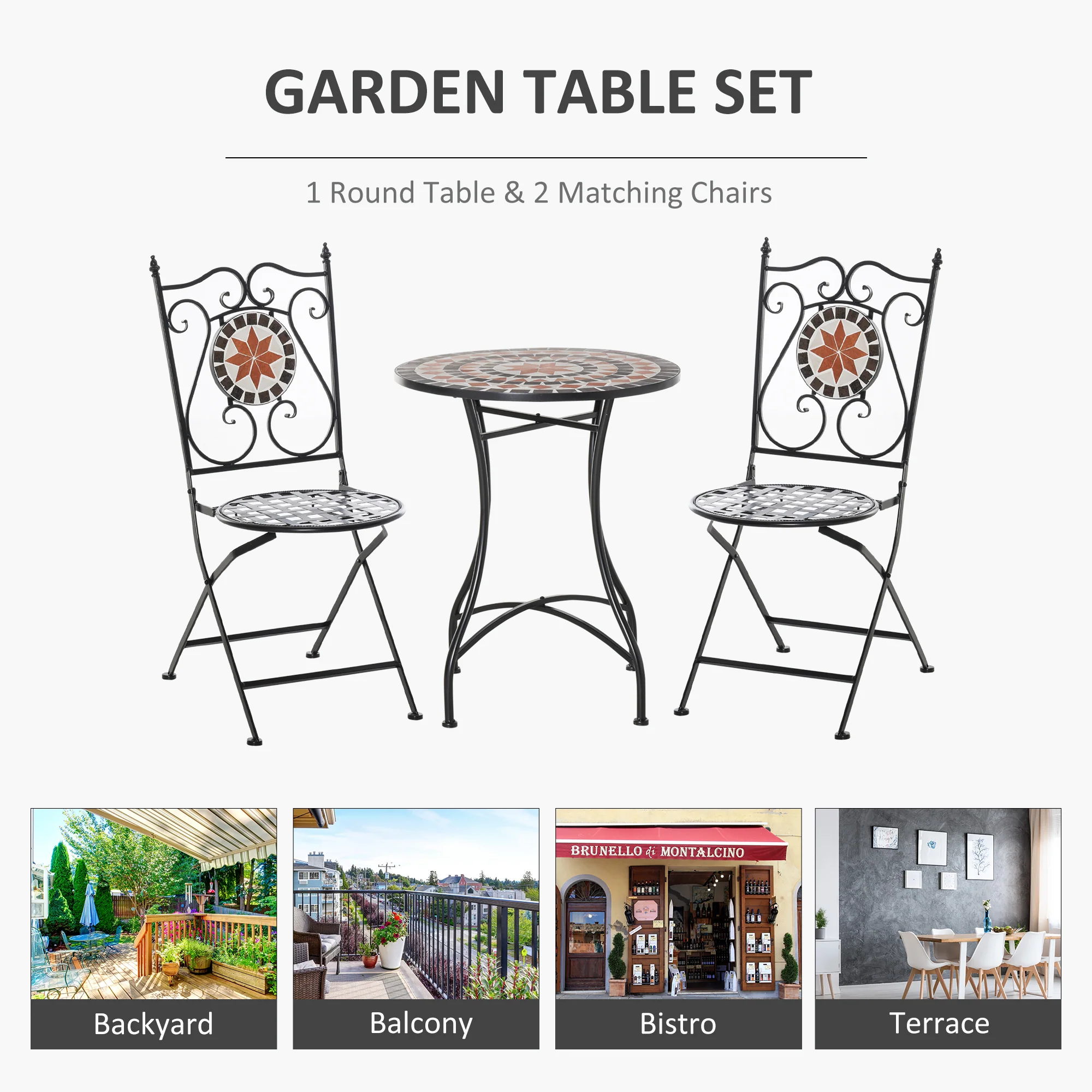 Outsunny 3PCs Garden Set 1 Ceramic Tile Round Table and 2 Foldable Chairs - Image 6