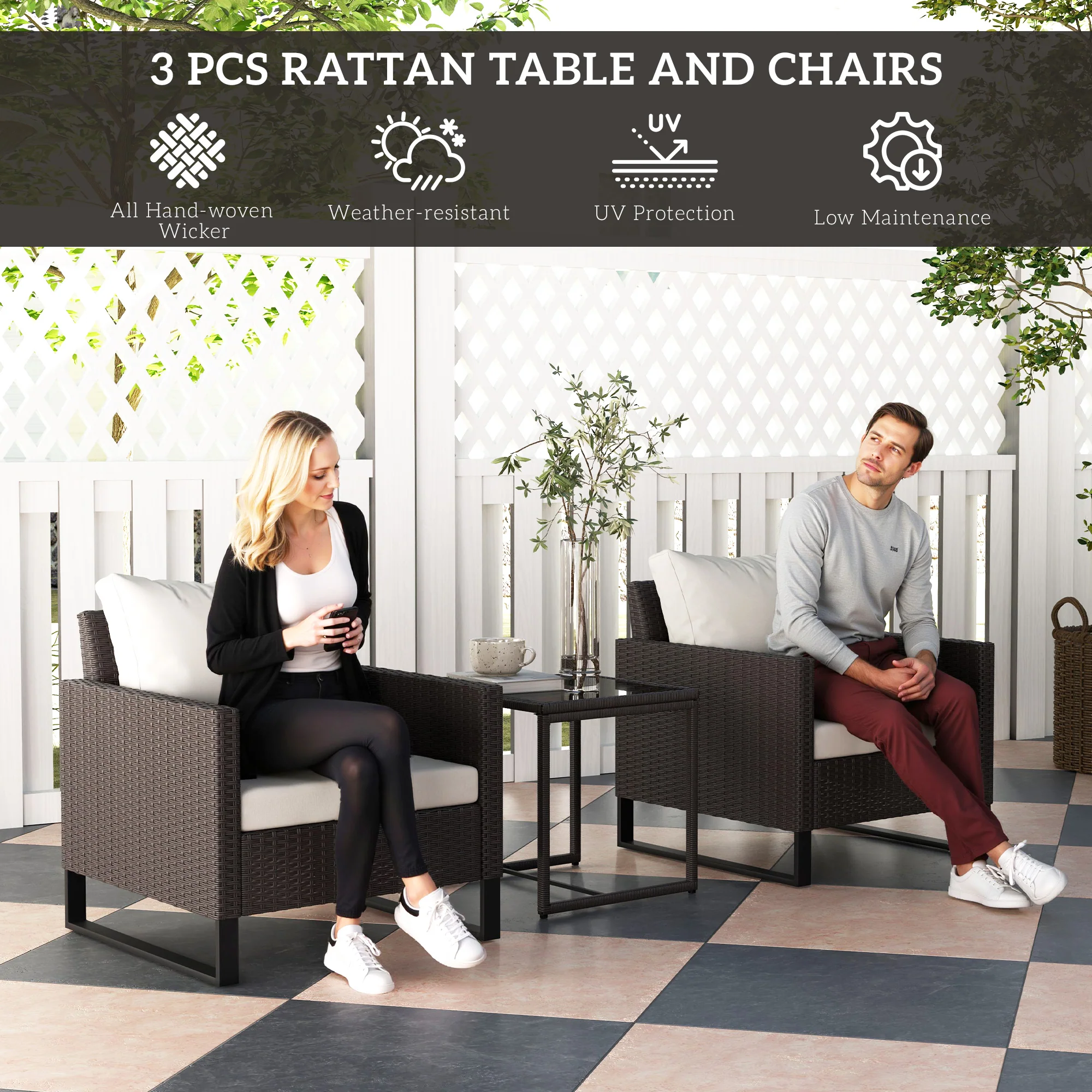 Outsunny 3PCS Rattan Bistro Set Glass Top Table and Chairs with 4 Cushions - Image 3