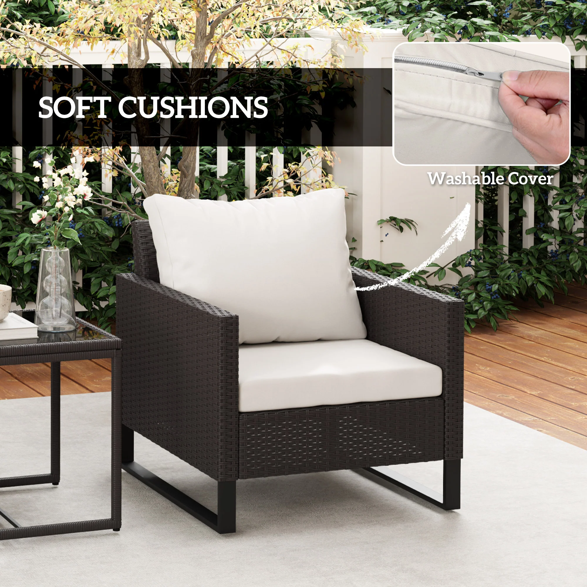 Outsunny 3PCS Rattan Bistro Set Glass Top Table and Chairs with 4 Cushions - Image 4