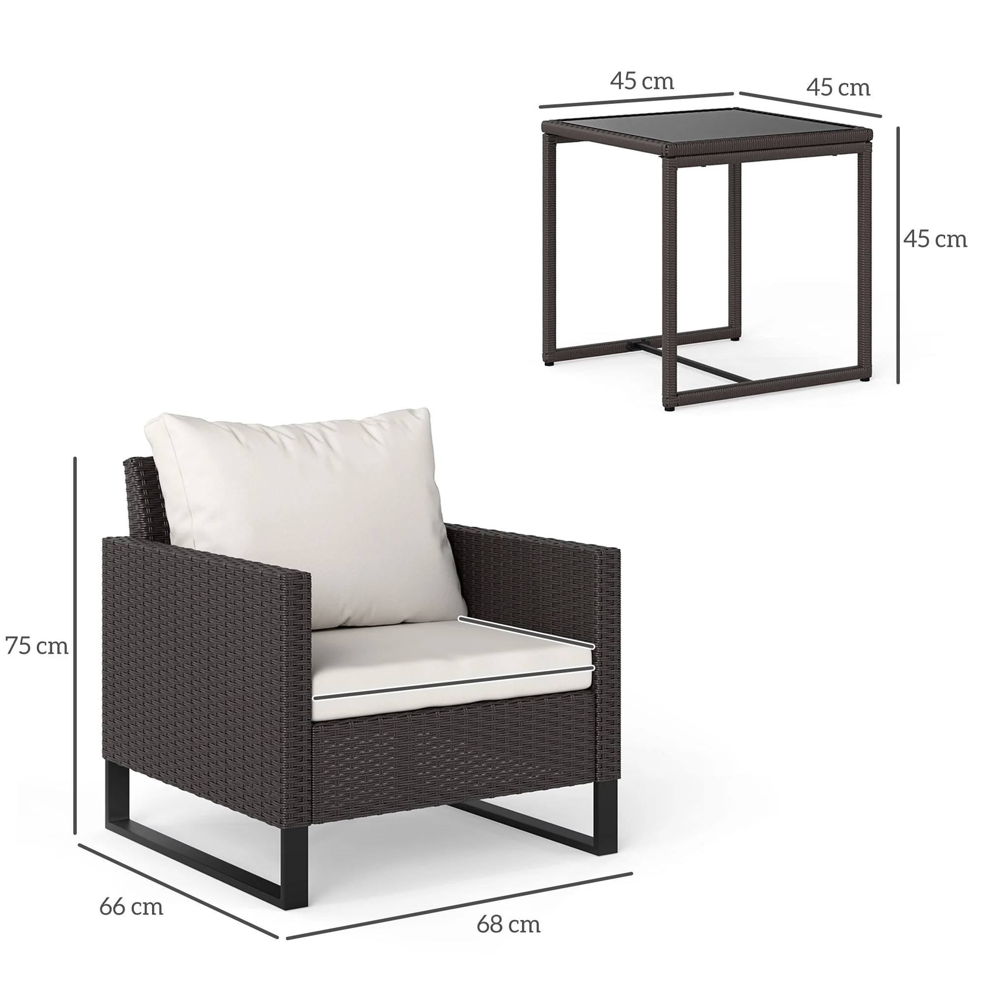 Outsunny 3PCS Rattan Bistro Set Glass Top Table and Chairs with 4 Cushions - Image 5
